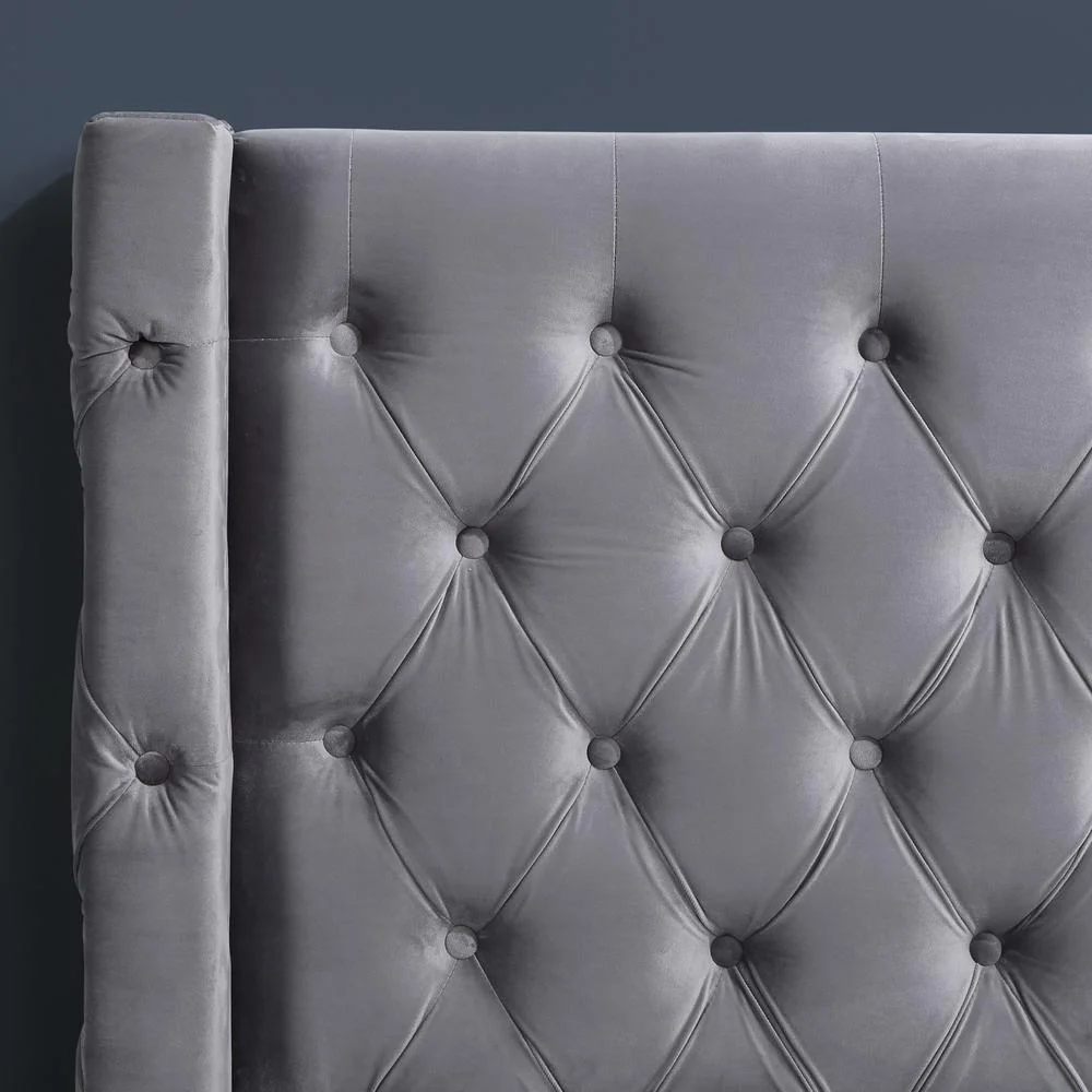 Best Master Wood Frame Cal King Platform Bed w/ Tufted Velvet Upholstery in Gray