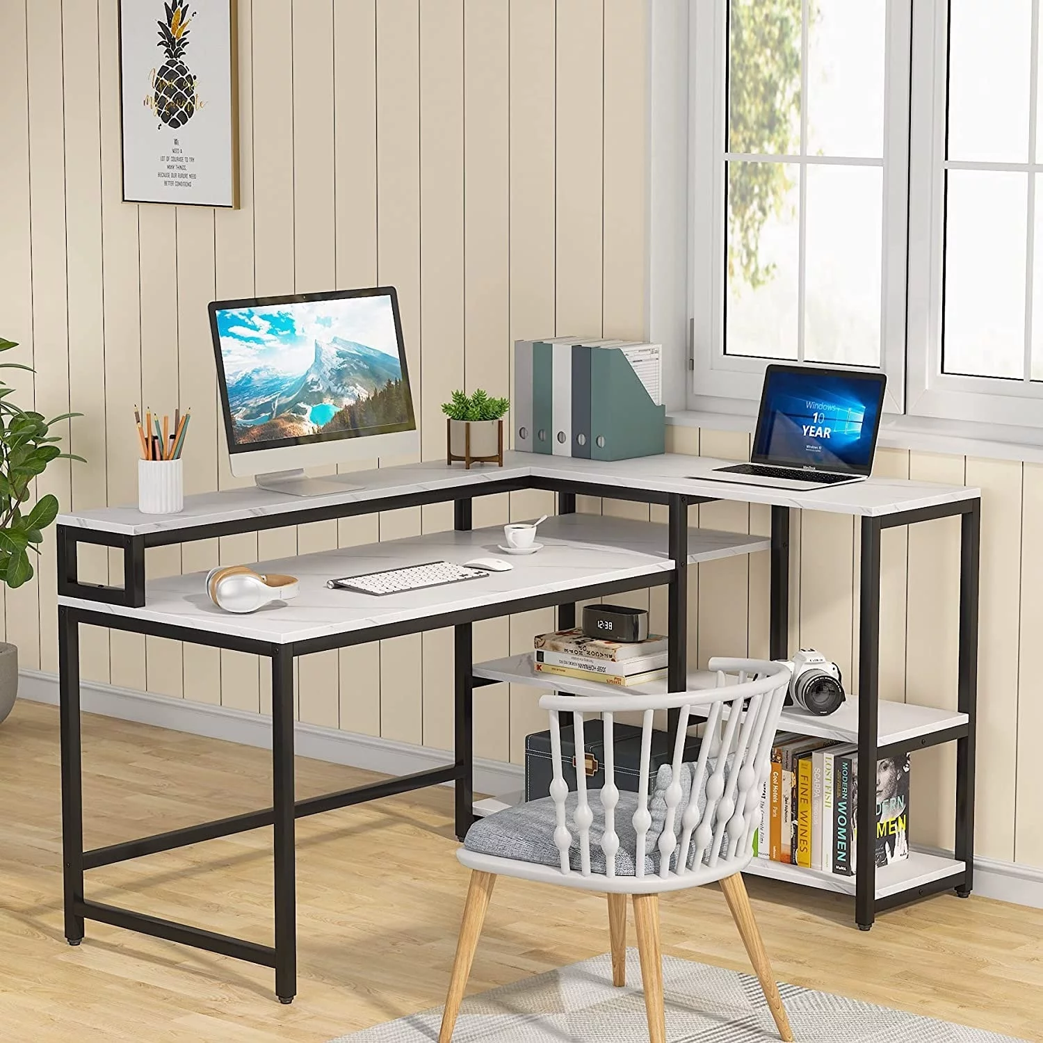 55/53 inch Reversible L Shaped Desk with Storage Shelf and Monitor Stand,Corner Desk White faux marble 55