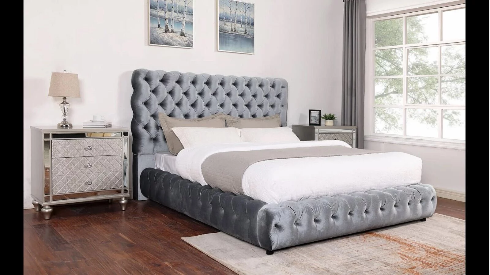 Contemporary 3pc Gray Fabric Upholstered Queen Size Bed and Nightstand Set Tufted Headboard Footboard Bedroom Furniture