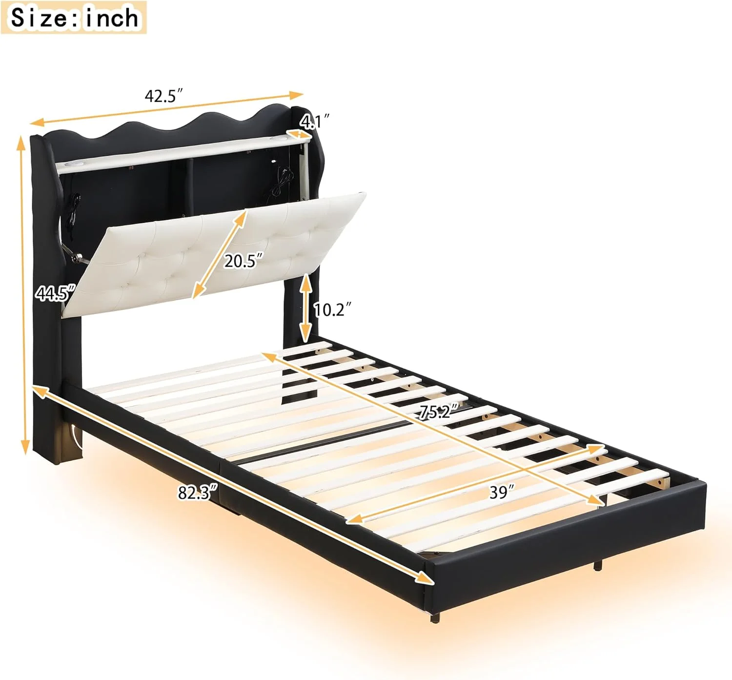 Twin Size Upholstery Platform Bed Frame with LED Light Strips,Headboard Storage Space and Two USB Charging Deisgn