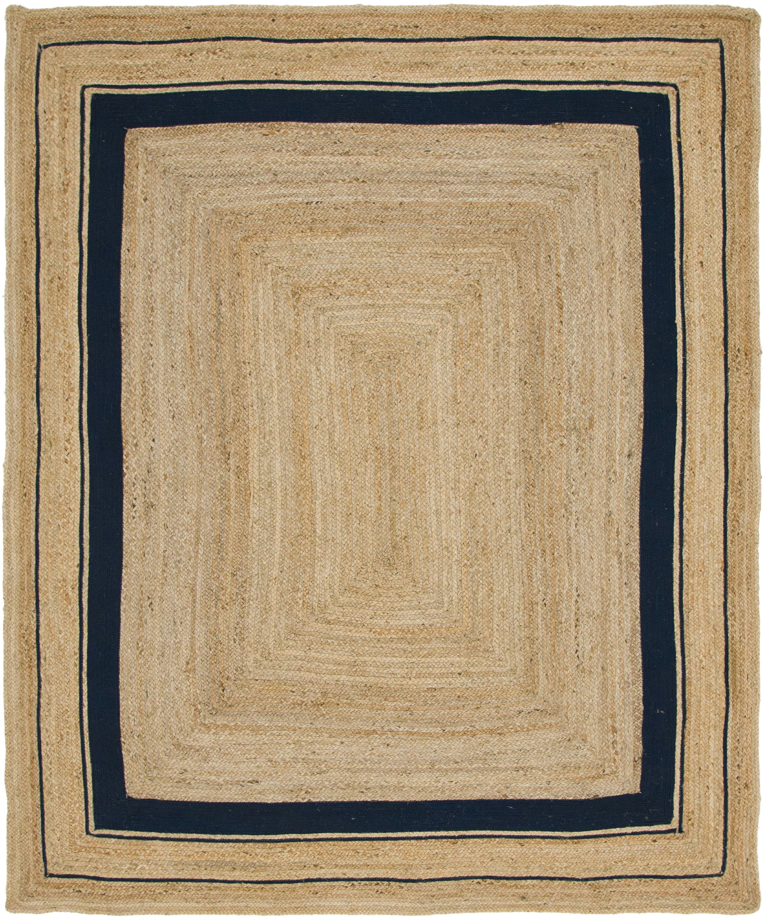 Unique Loom Gujarat Braided Jute Rug Natural and Navy Blue/Navy Blue 8' x 10' Rectangle Hand Made Border Coastal Perfect For Living Room Bed Room Dining Room Office