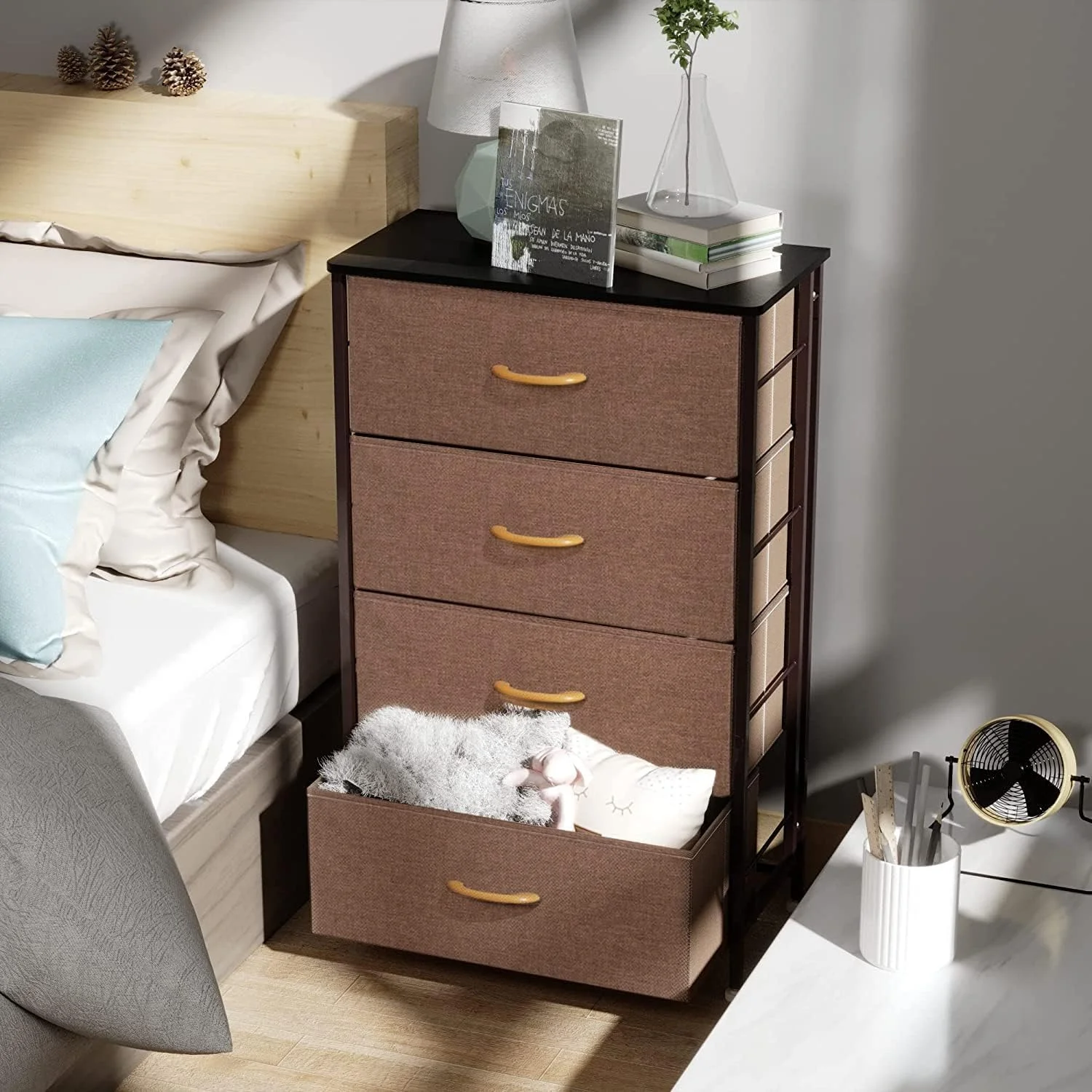 Dresser Storage Tower, 4 Fabric Organizer Drawers, Wide Chest Of Drawers For Closet Boys & Girls Bedroom, Bedside Furniture, Steel Frame, Wood Top, Fabric Bins, Easy Installation (Brown)
