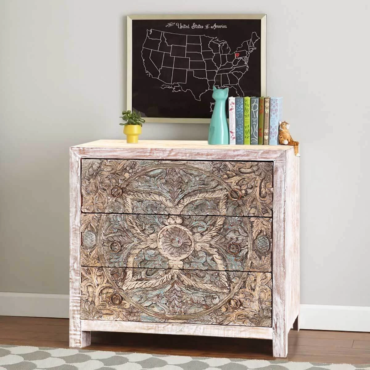 Majestic Floral Hand Carved Mango Wood Small White Dresser with 3 Drawers