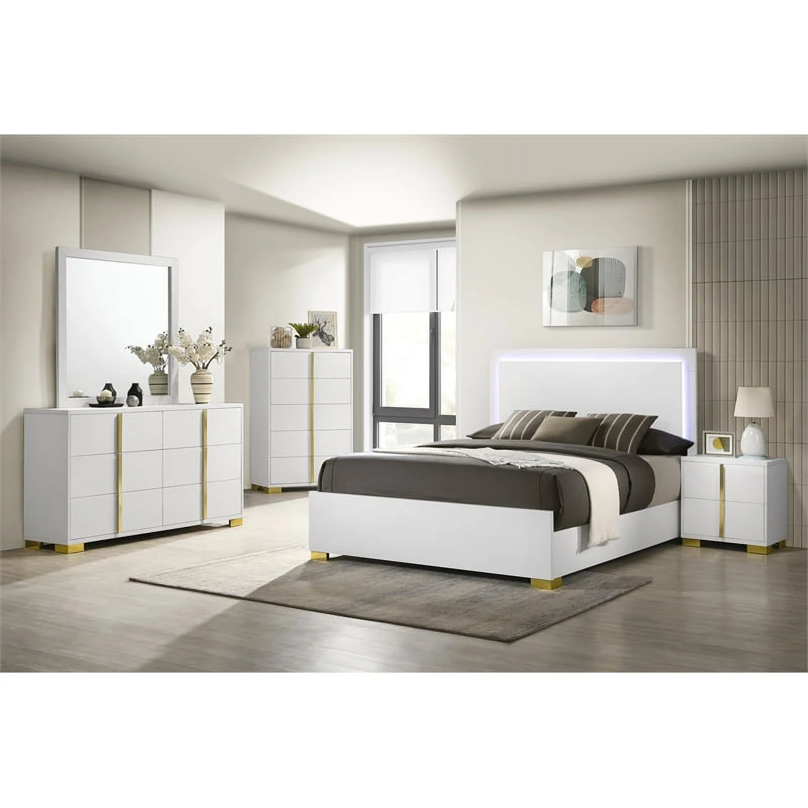 Coaster 5-Piece Contemporary Wood Queen Bedroom Set in White/Gold