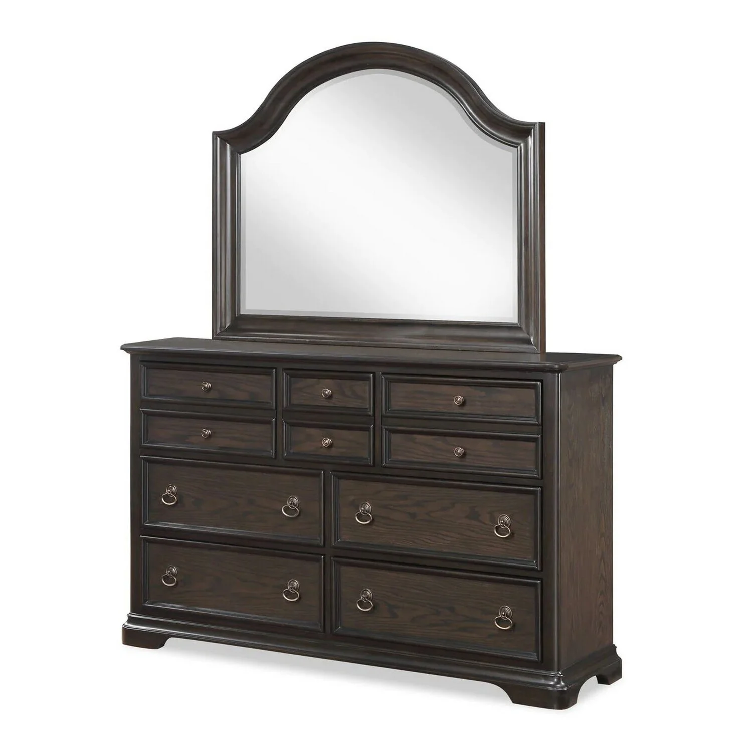 Benjara Dam 66 Inch Wide Dresser with Arched Mirror, 10 Drawers, Dark Brown Wood
