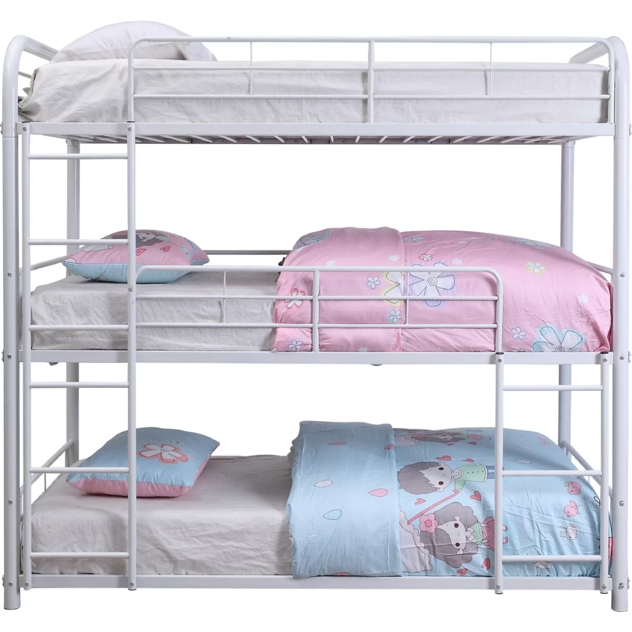 3 Tier Industrial Style Full Size Metal Bunk Bed, White- Saltoro Sherpi