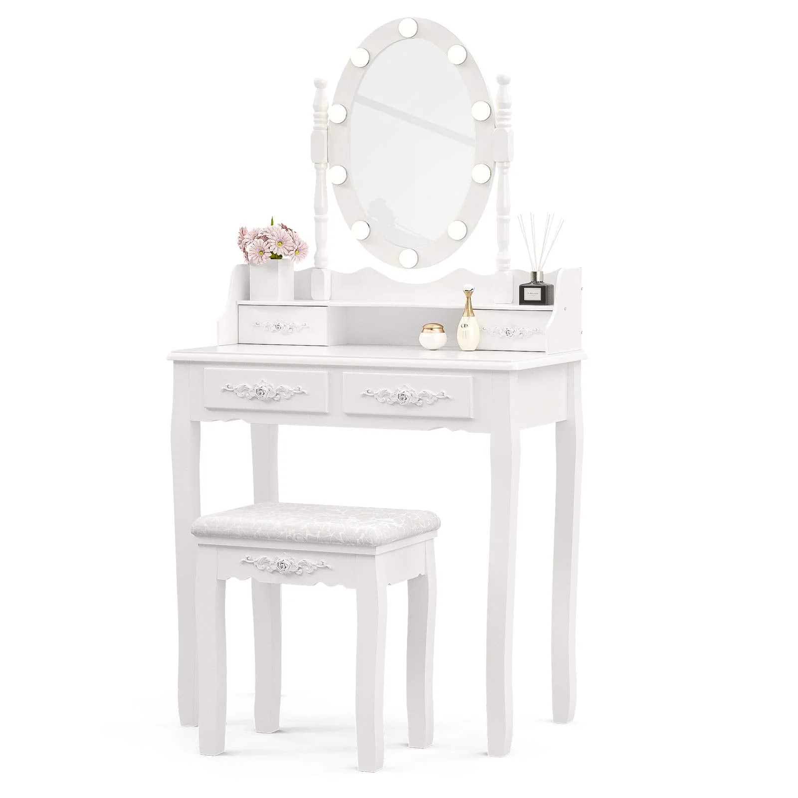 Lumelay Girls Makeup Vanity Set, Dressing Table Desk with Lighted Mirror and Stool, Makeup Table with 4 Drawers for Bedroom, Bathroom, White (Lighted Mirror)