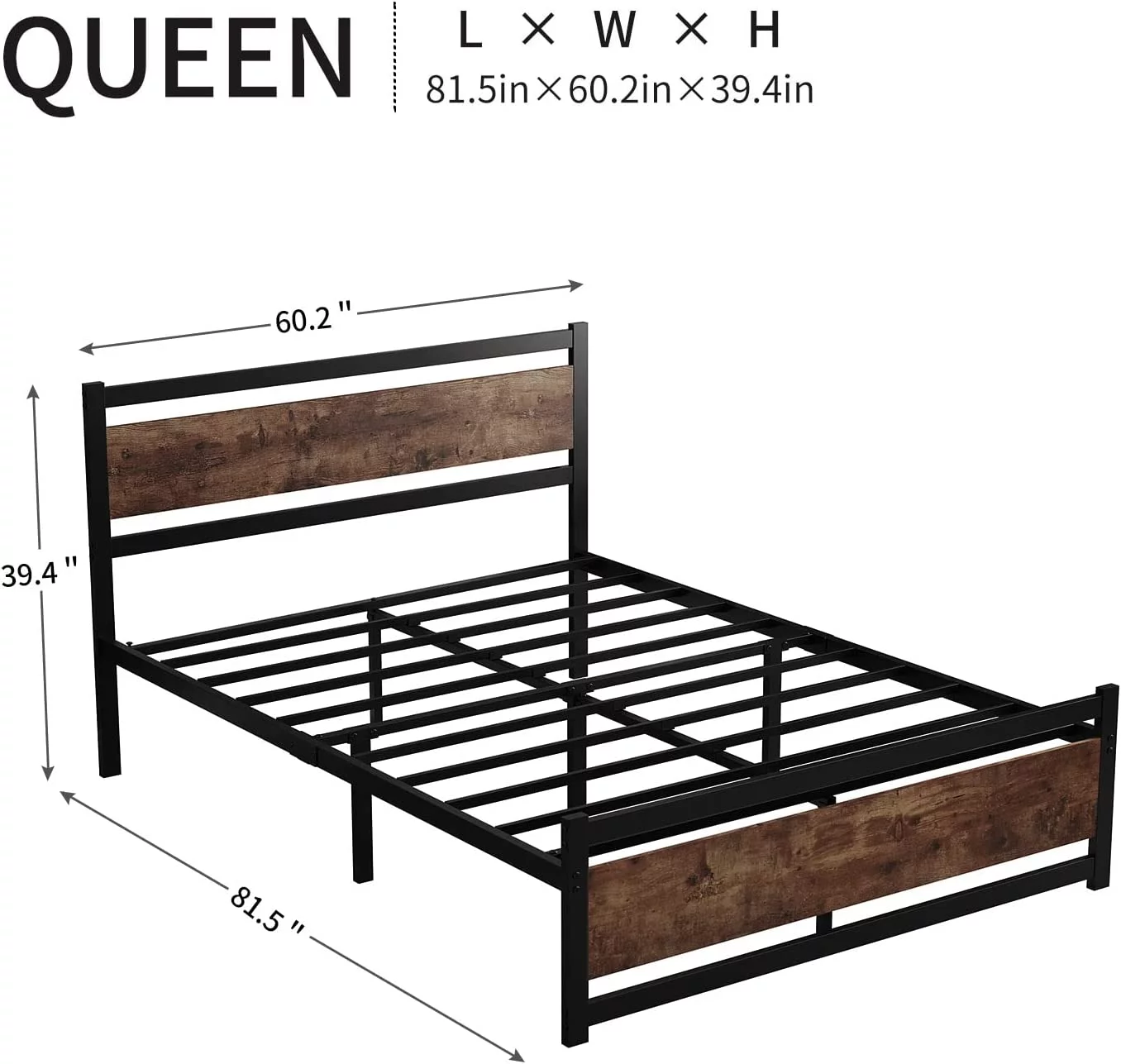 Popular King Size Bed Frame with Wooden Headboard  Heavy Duty Metal Platform Bed Frame  No Box Spring Needed  Mattress Foundation Platform  Noise-Free Twin XL/Queen/King  King