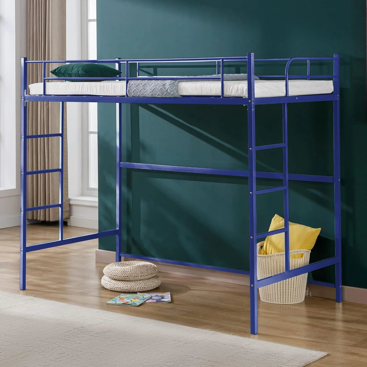 Cuoote Loft Bed, Multifunctional Twin Size Loft Bed with Ladder and Guardrail, Space-Saving, No Box Spring Needed, Modern Industrial Style (Navy Blue)