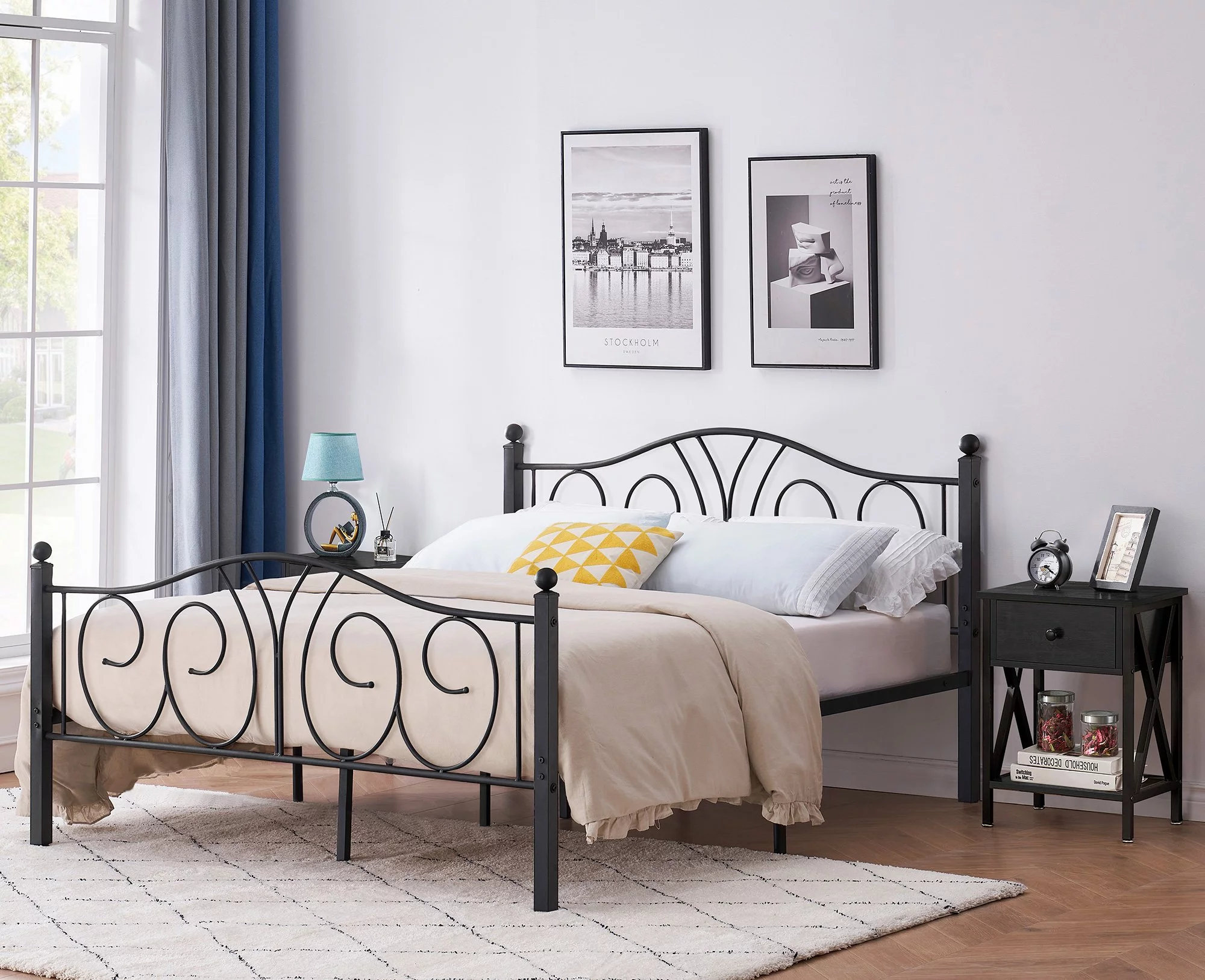 3-Piece Bedroom Sets, Queen Size Metal Bed Frame and 2 Black Nightstands