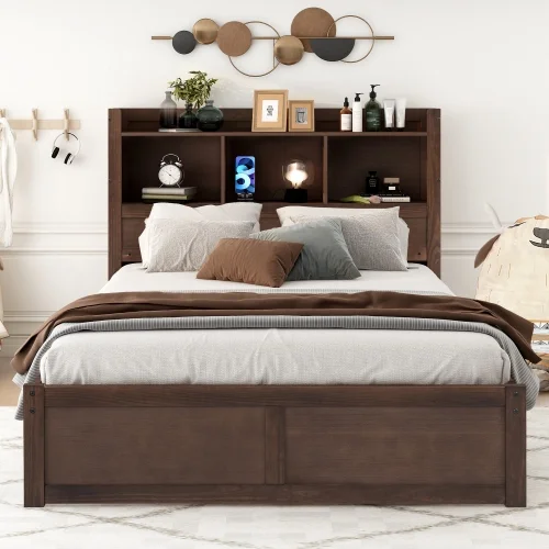 Full Size Storage Platform Bed with Pull Out Shelves, Twin Size Trundle and 2 Drawers, Espresso  Pine Wood+MDF