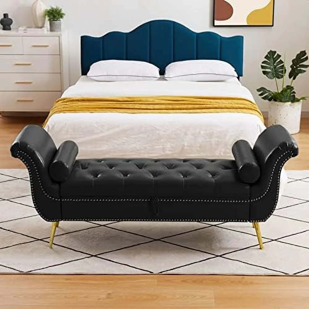 KHBIULIFE PU Leather End of Bed Vintage Flared Rolled Armed Bedroom Ottoman Bench Button Tufted Entryway Window Seating Bench Living Room Footrest Stool (Orange Red)