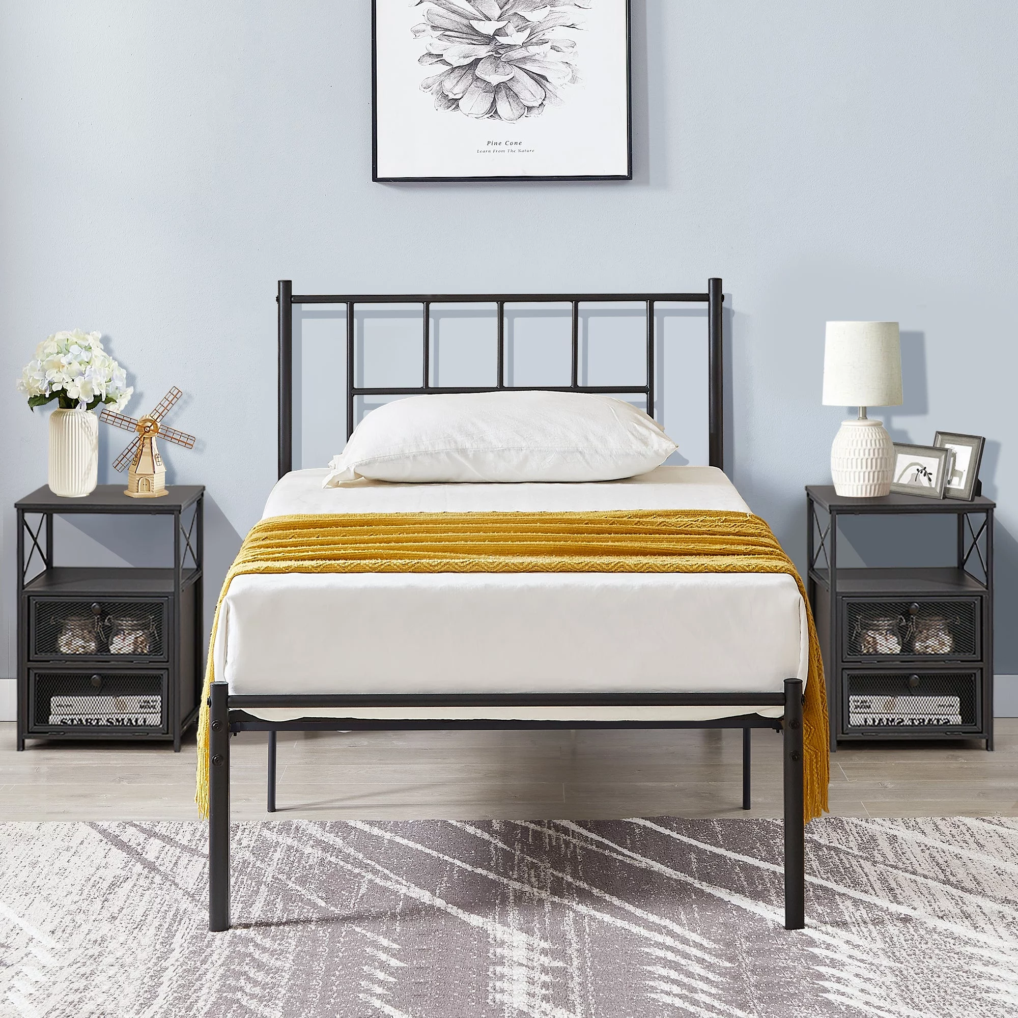 VECELO 3-Piece Bedroom Set with Twin Metal Platform Bed Frame with Headboard and Two Black Nightstands