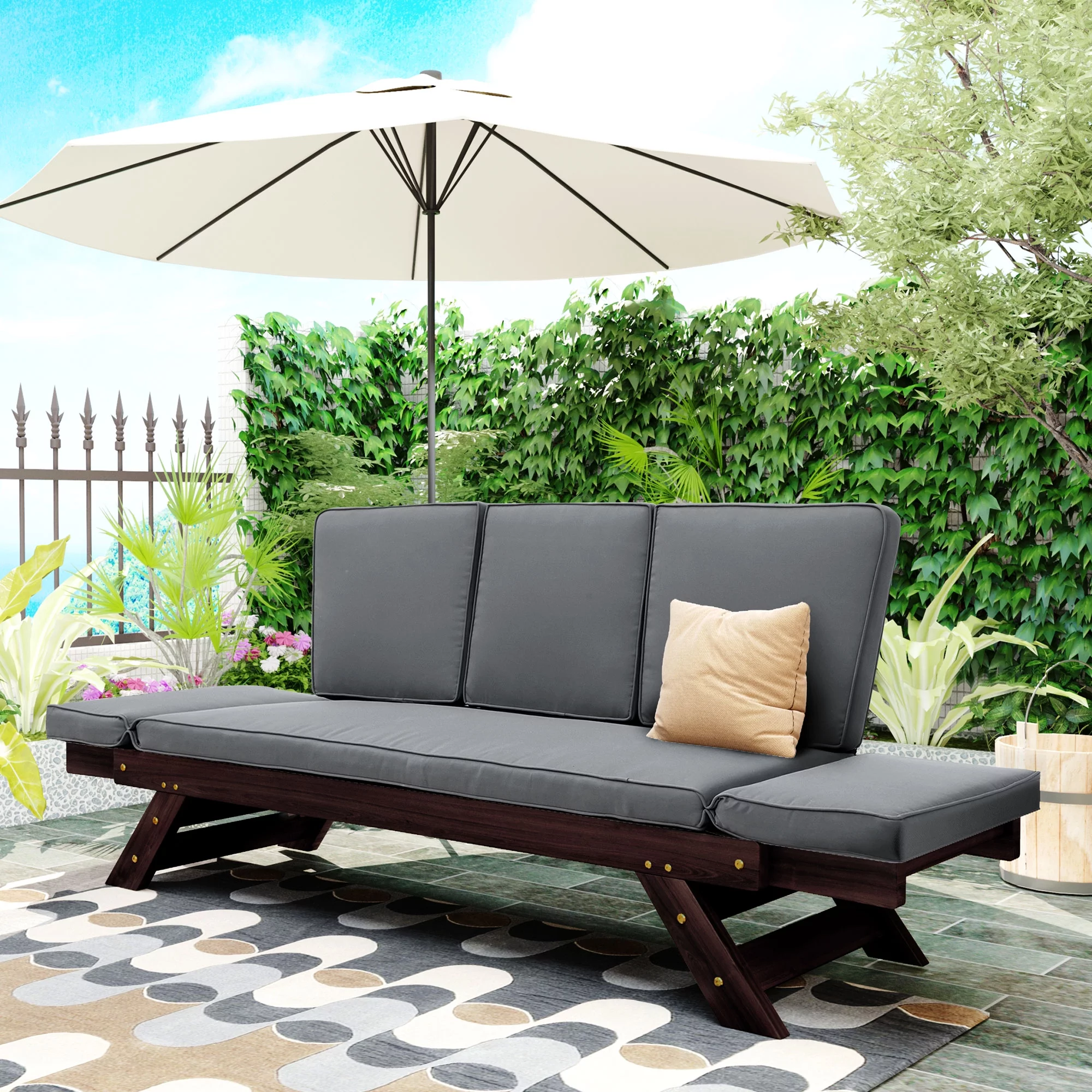 Patio Sectional Furniture Outdoor Couch, Wood Futon Sofa Adjustable Lounge Chair, Deck Poolside Garden Daybed Sofa with Cushions, Brown Finish + Gray Cushion
