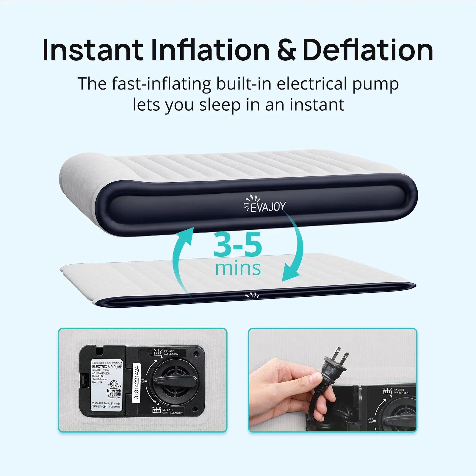 Queen Air Mattress with Built in Pump, Comfortable Inflatable Mattress for Camping & Home, Air Bed, PVC Build, Waterproof Flocking