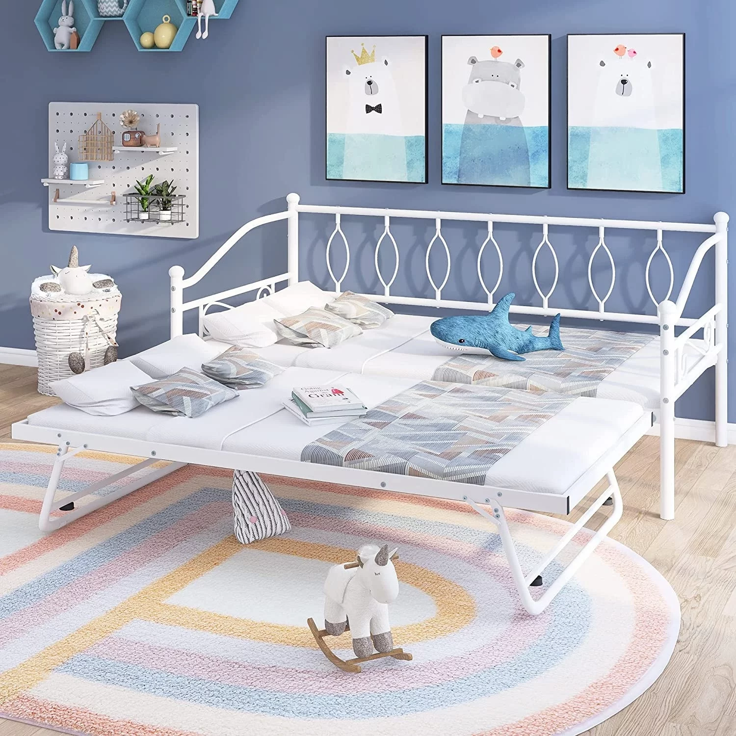 MERAX Metal Daybed with Twin Size Portable Folding Trundle White Twin