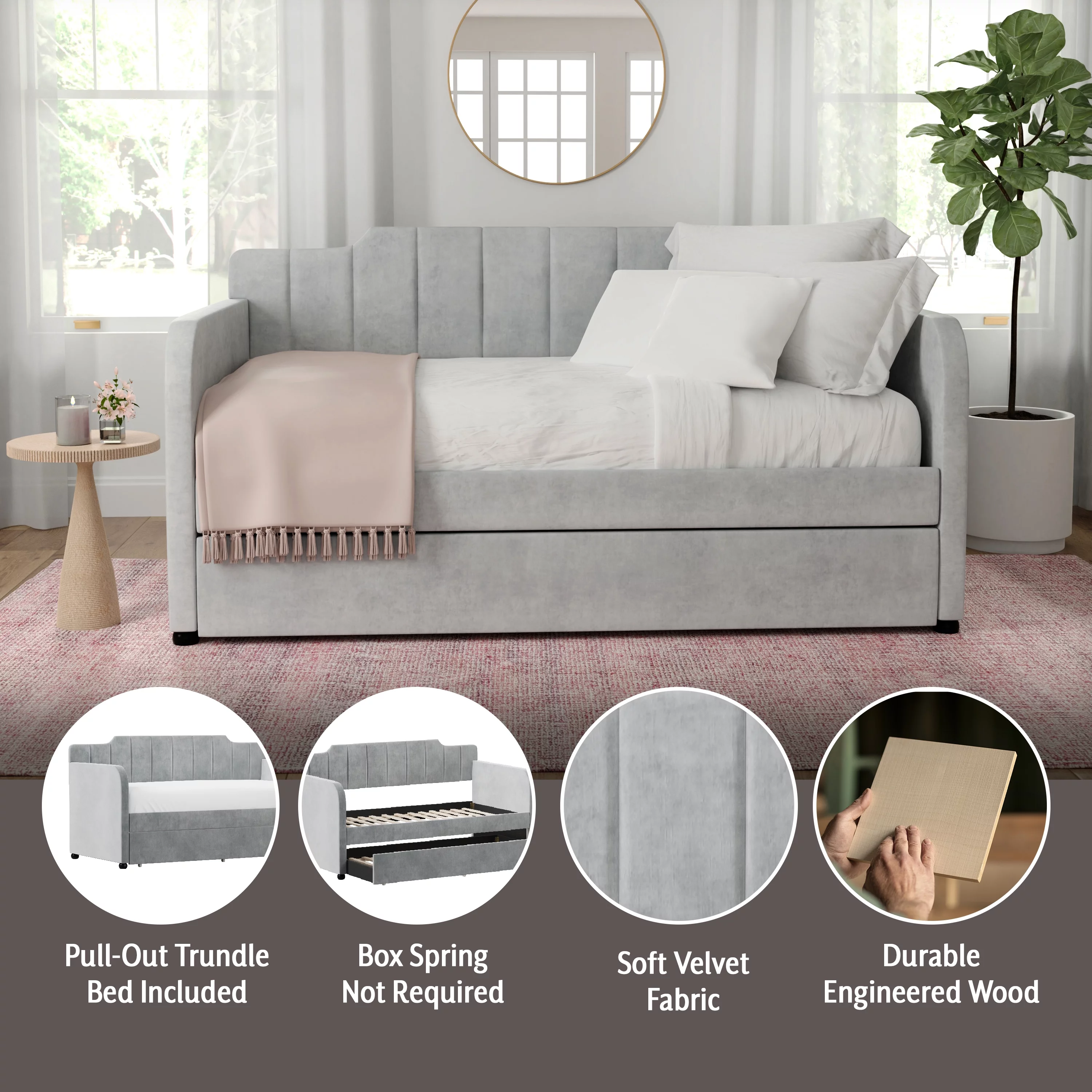 Hillsdale Nadia Channel Stitch Upholstered Twin Daybed with Trundle, Gray