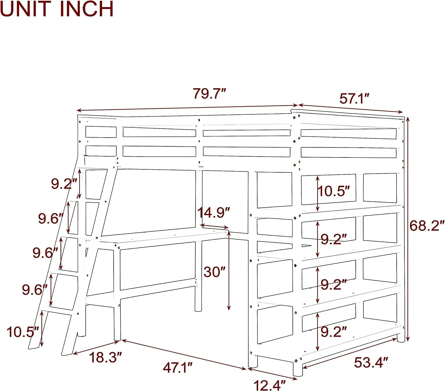 Full Loft Bed With Desk And 4-Tier Shelves, High Loft Bed Frame With Storage, Solid Wood Full Size Loft Bed, No Box Sing Needed, Esesso