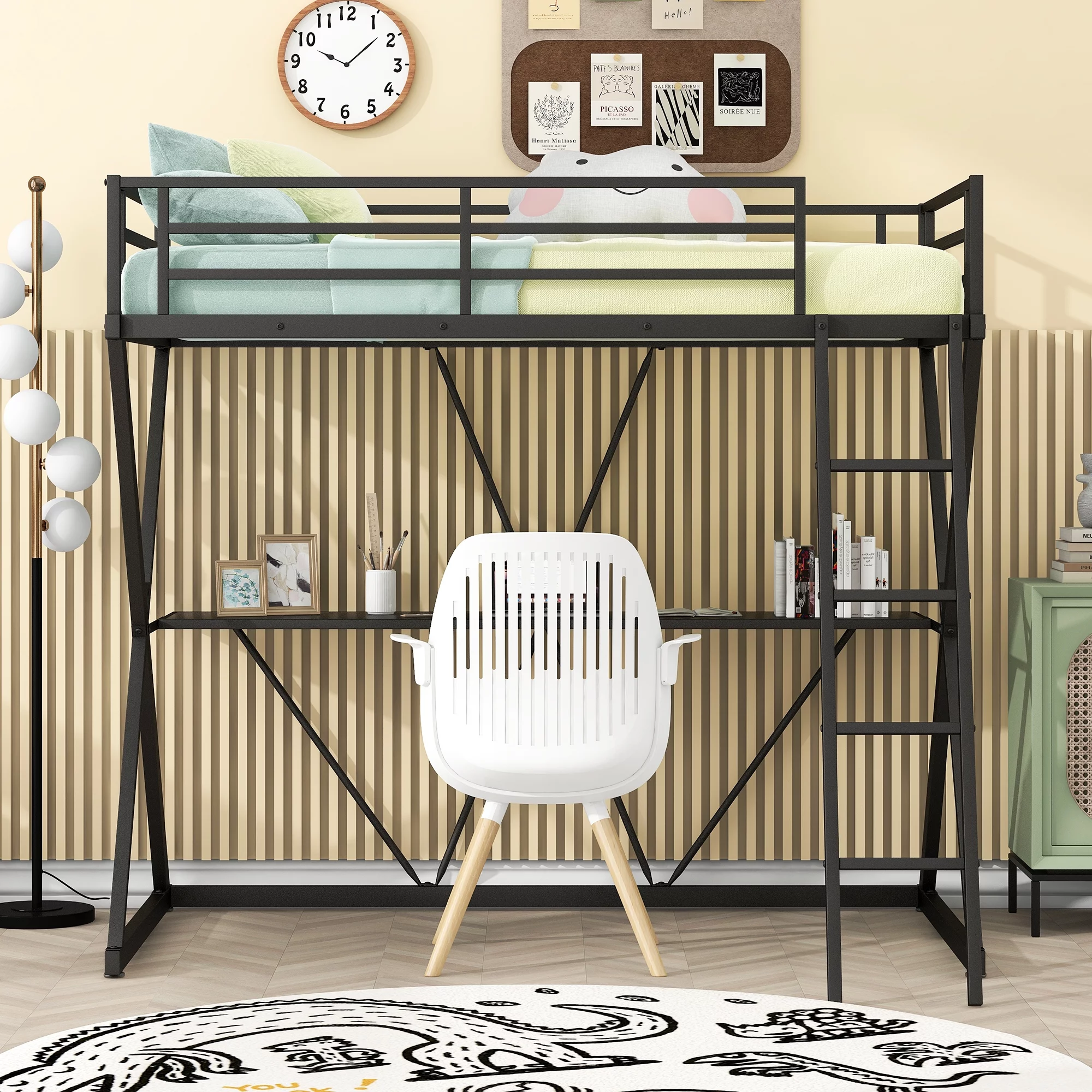 Euroco Steel Twin Loft Bed with Desk and Ladder, X-Shaped Frame, Black