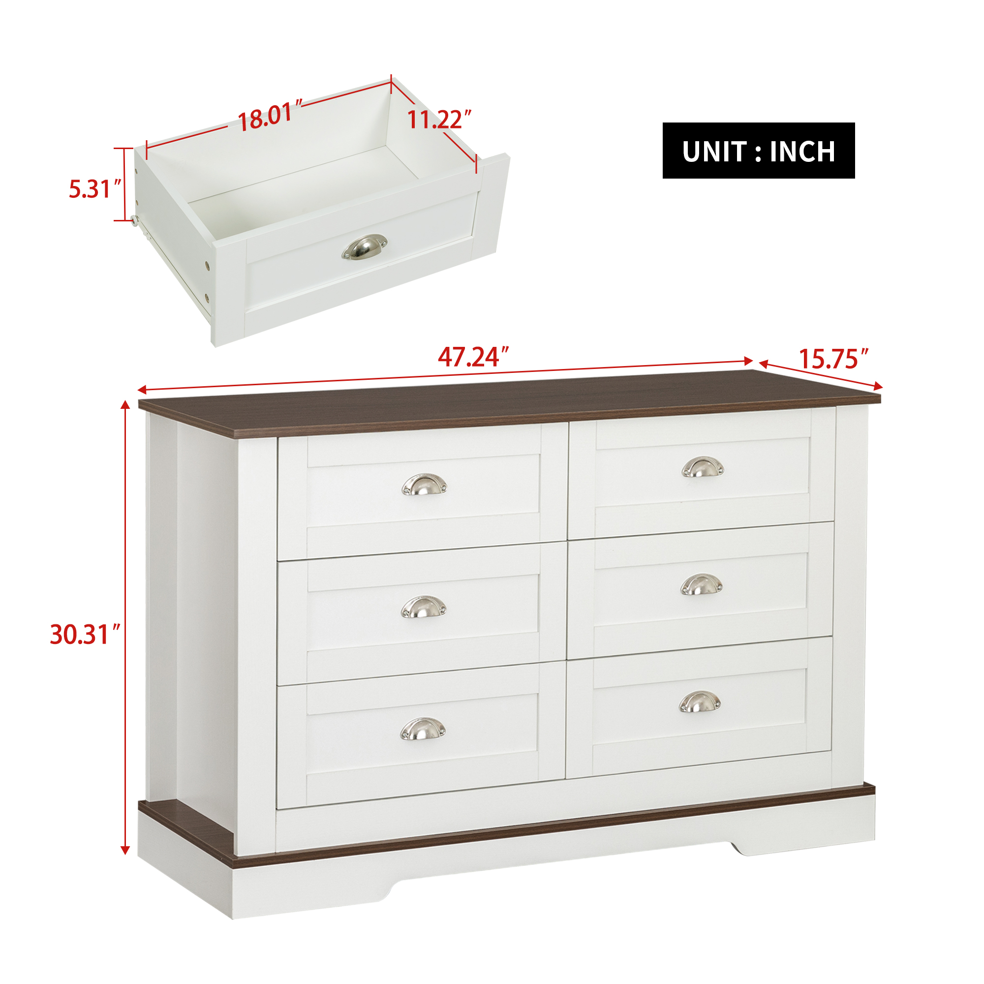 Bedroom Dresser Cabinet White,Horizontal Chest of Drawers,Wood Accent Storage Cabinet with Metal Handle for Living Room