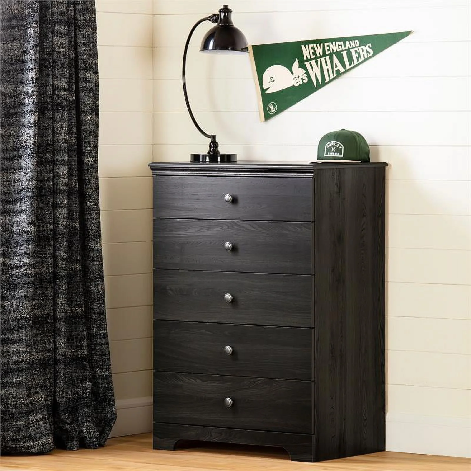 Pemberly Row Farmhouse 5-Drawer Engineered Wood Chest in Gray Oak