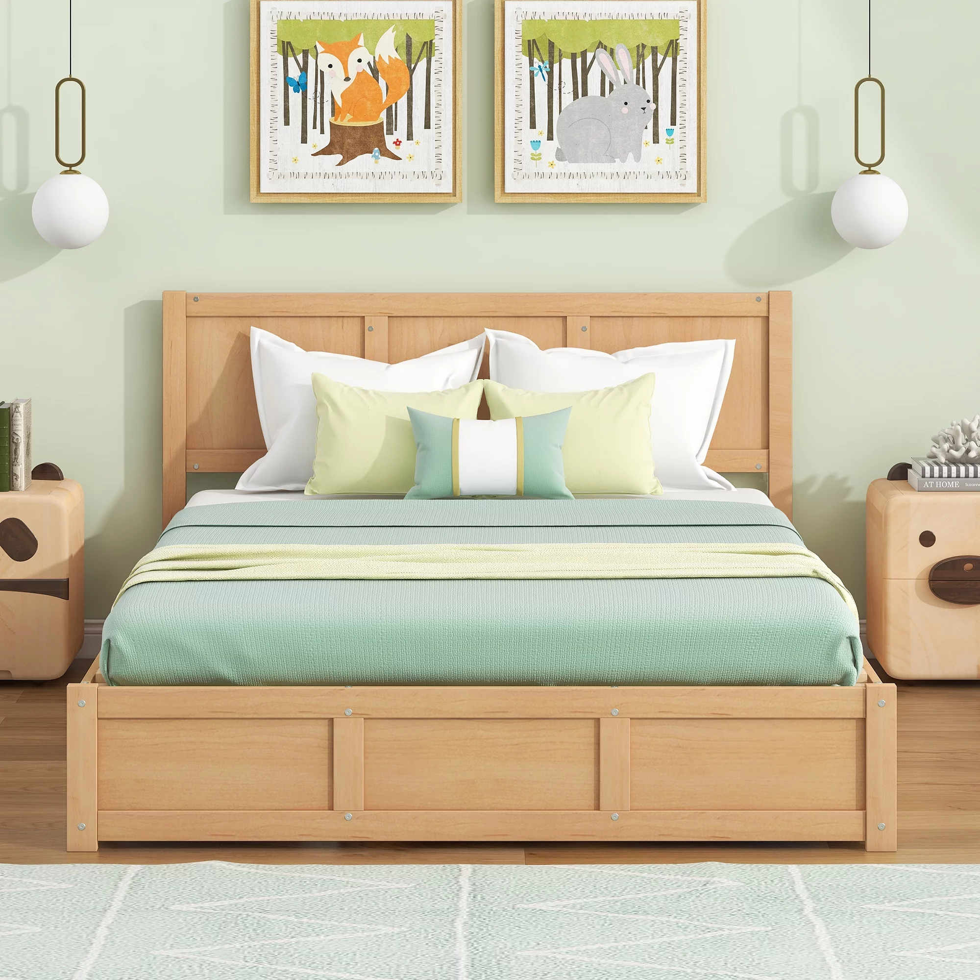 Euroco Queen Size Lift Up Storage Bed, Wood Platform Bed Frame with 2 Drawers, Hydraulic Storage System, No Box Spring Needed & Easy Assembly, Wood Color