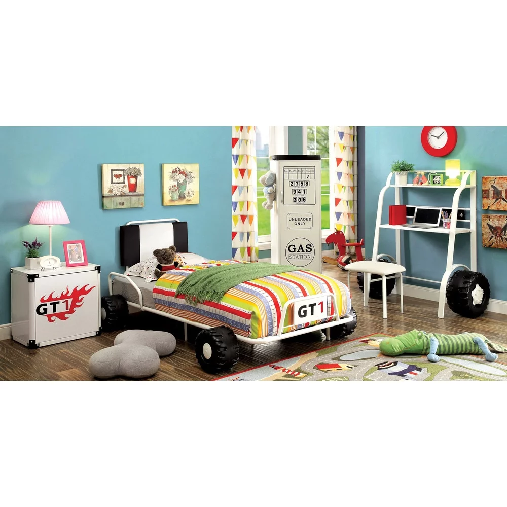 Furniture of America Tere Modern Twin Metal 5-piece Upholstered Racing Bedroom Set with USB Port by Pink