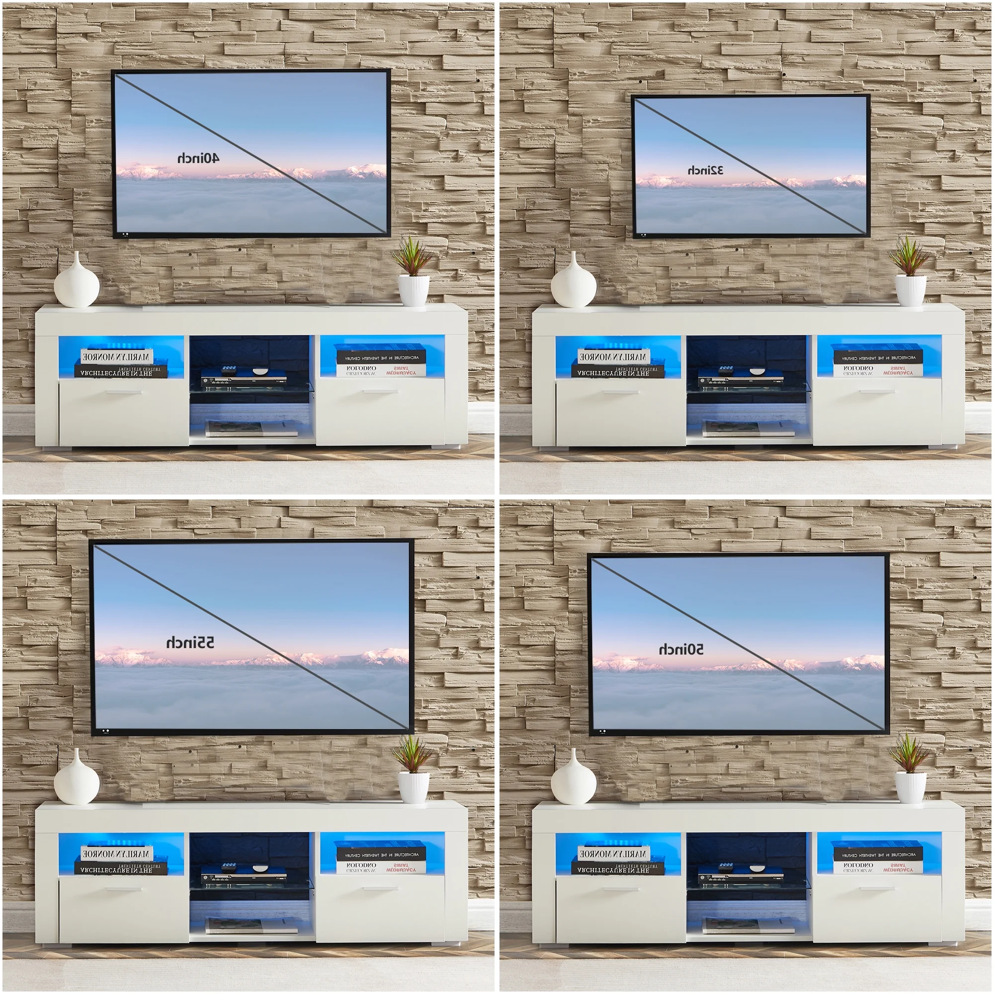 Morden TV Stand with LED Lights,high Glossy Front TV Cabinet,can be Assembled in Lounge Room, Living Room or Bedroom (White)