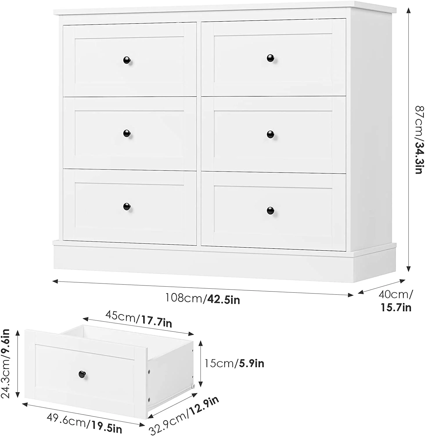 White Dresser 6 Drawer Dresser White Double Chest with Deep Drawers Wide Organizer Cabinet for Living Room