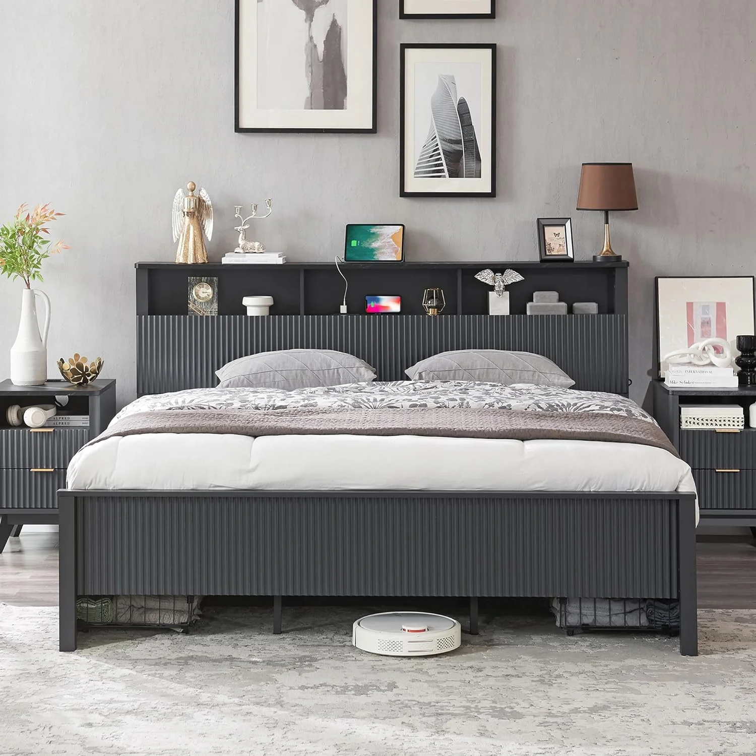 OKD Queen Bed Frame with Bookcase Headboard, Wood Modern Fluted Panel Platform Bed with 4 Drawers and Charging Station, No Box Spring Needed, Dark Grey