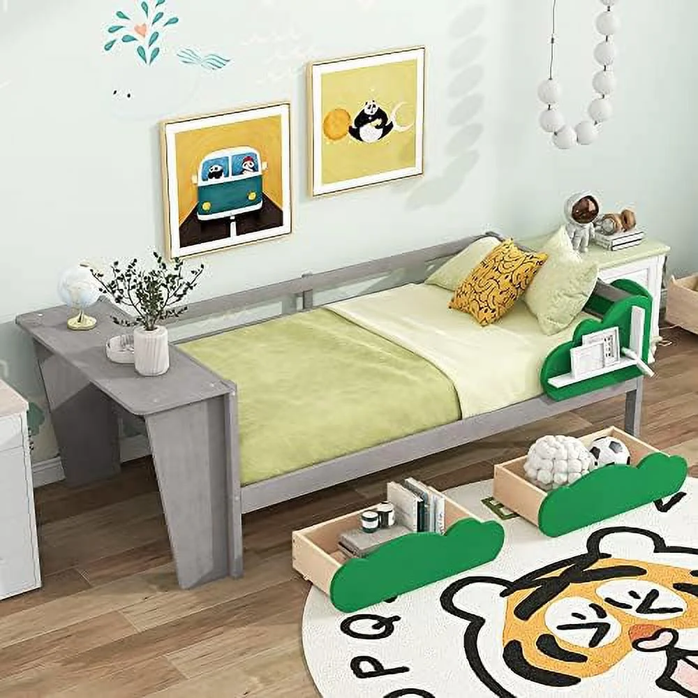 LLBIULife Harper & Bright Designs Twin Size Daybed with Drawers and Desk Wood Daybed Frame Green Leaf Shape Drawers and Shelves No Box Spring Needed (Gray)