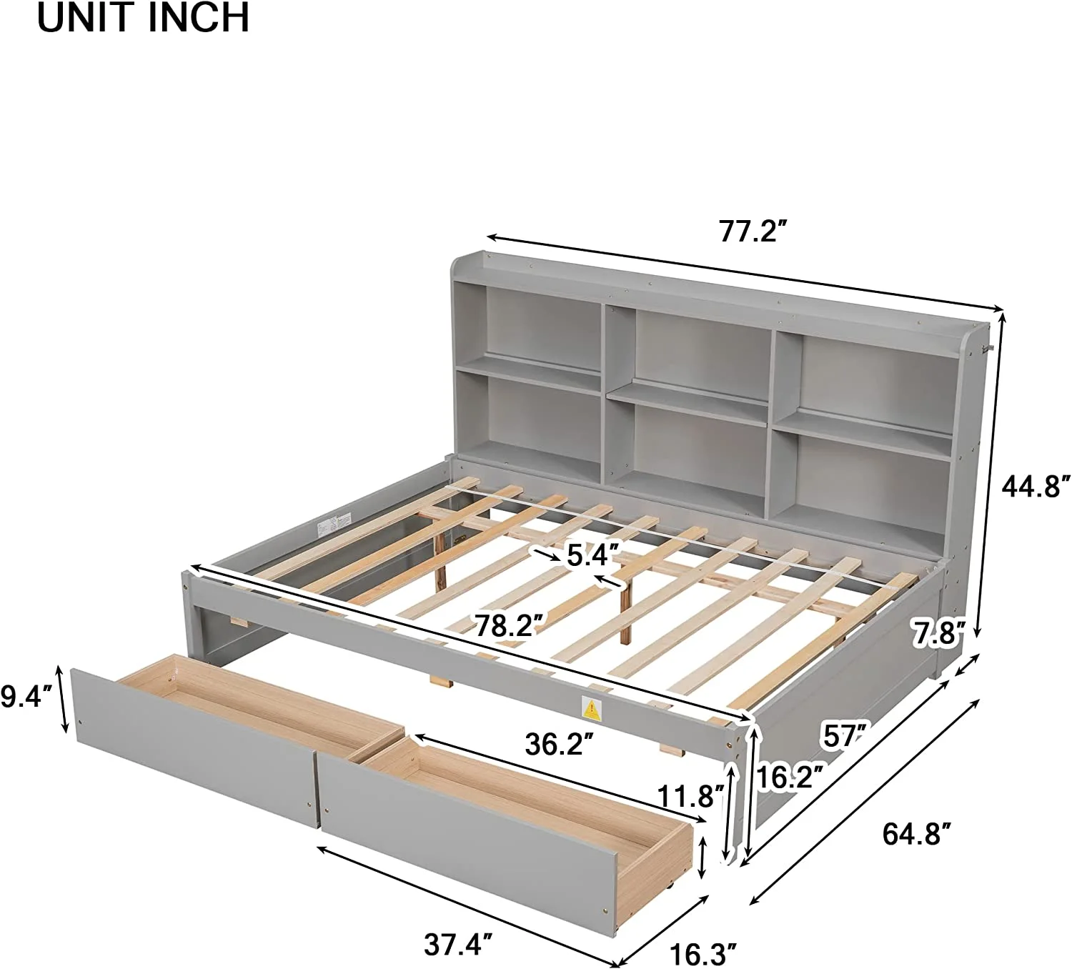 Full Size Daybed Captai Bed With 2 Storage Drawers Wood Day Beds With Side Bookcase, Full Bed Frame For Kids, Boys, Girls & Tees, o Box Sprig eeded, Grey