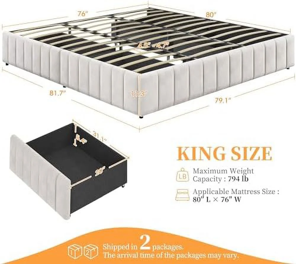 RUNFAYBIU Bed Frame Upholstered Platform Bed with 4  Drawers  Large  Space/Strong Wooden Slats/Non-Slip and Noise-Free/No Fixed Headboard/No Box Spring Needed/Dark Gray Full Bed