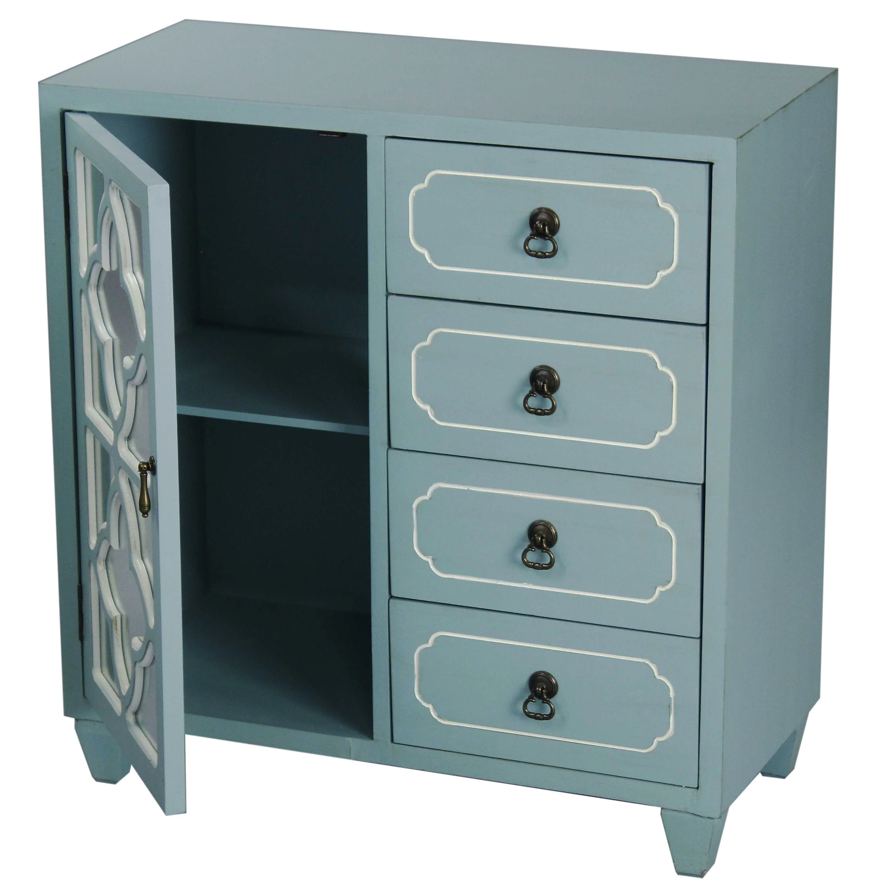 30.75' Light Blue Wood Mirrored Glass Sideboard with a Door and 4 Drawers