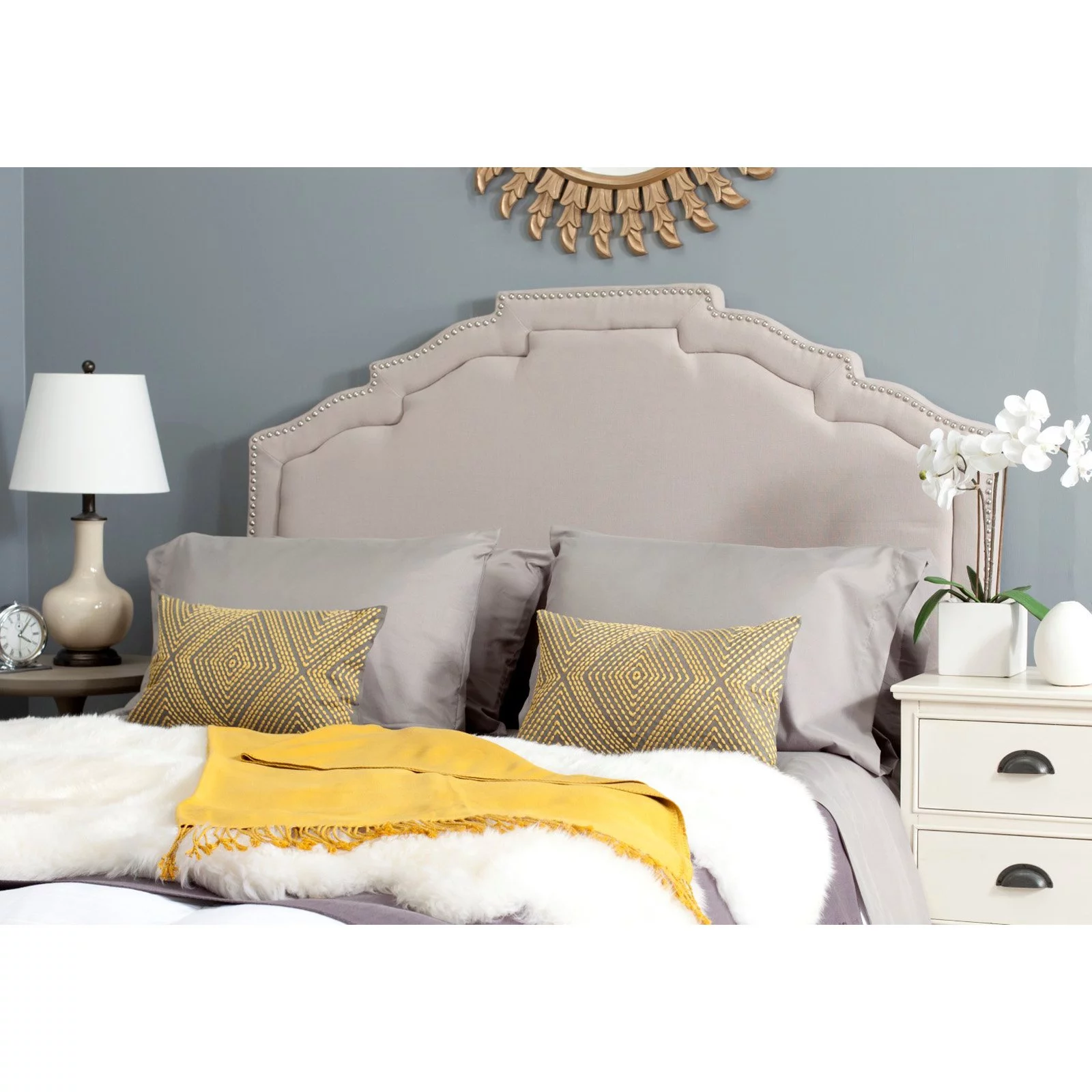 SAFAVIEH Alexia Modern Glam Upholstered Headboard with Nail Heads, Full, Pewter