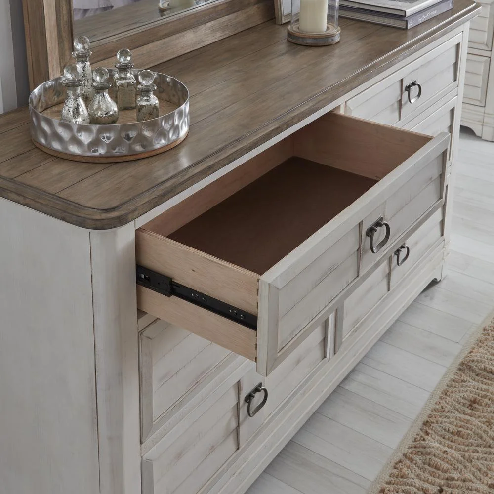 Meadowbrook White-Washed Wood Farmhouse 6-drawer Dresser and Mirror