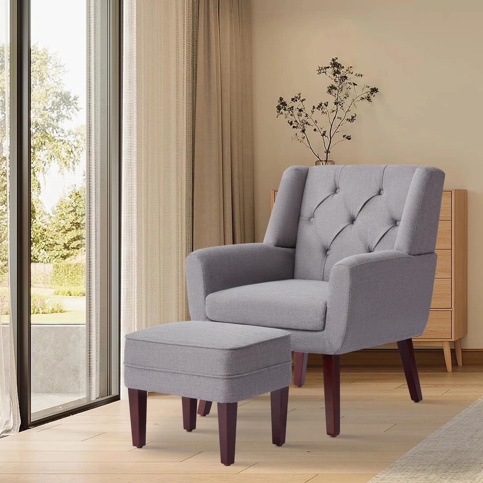 HUIMO Accent Chair with Ottoman, Mid Century Modern Comfy Tufted Fabric Armchair and Footrest Set, Upholstered Club Arms Chair for Living Room, Bedroom, Reading Room (Gray)