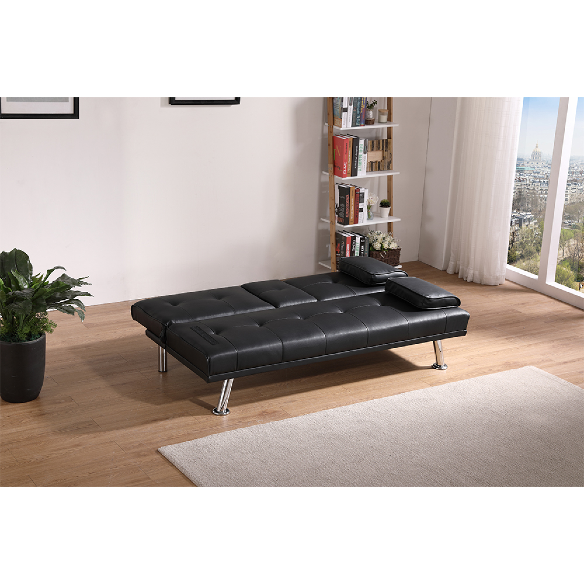 Black Leather Multifunctional Double Folding Sofa Bed for Office with Coffee Table