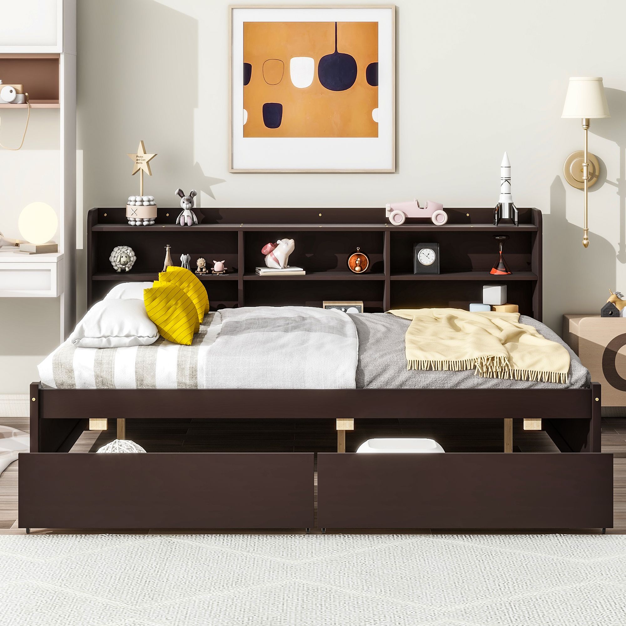 Stylistic Elements Solid Wood Bed Frame with Side Bookcase, Drawers, Platform Bed Frame, Mid Century Bedframe, Wood Daybed, Wood Foundation(Espresso, Full)