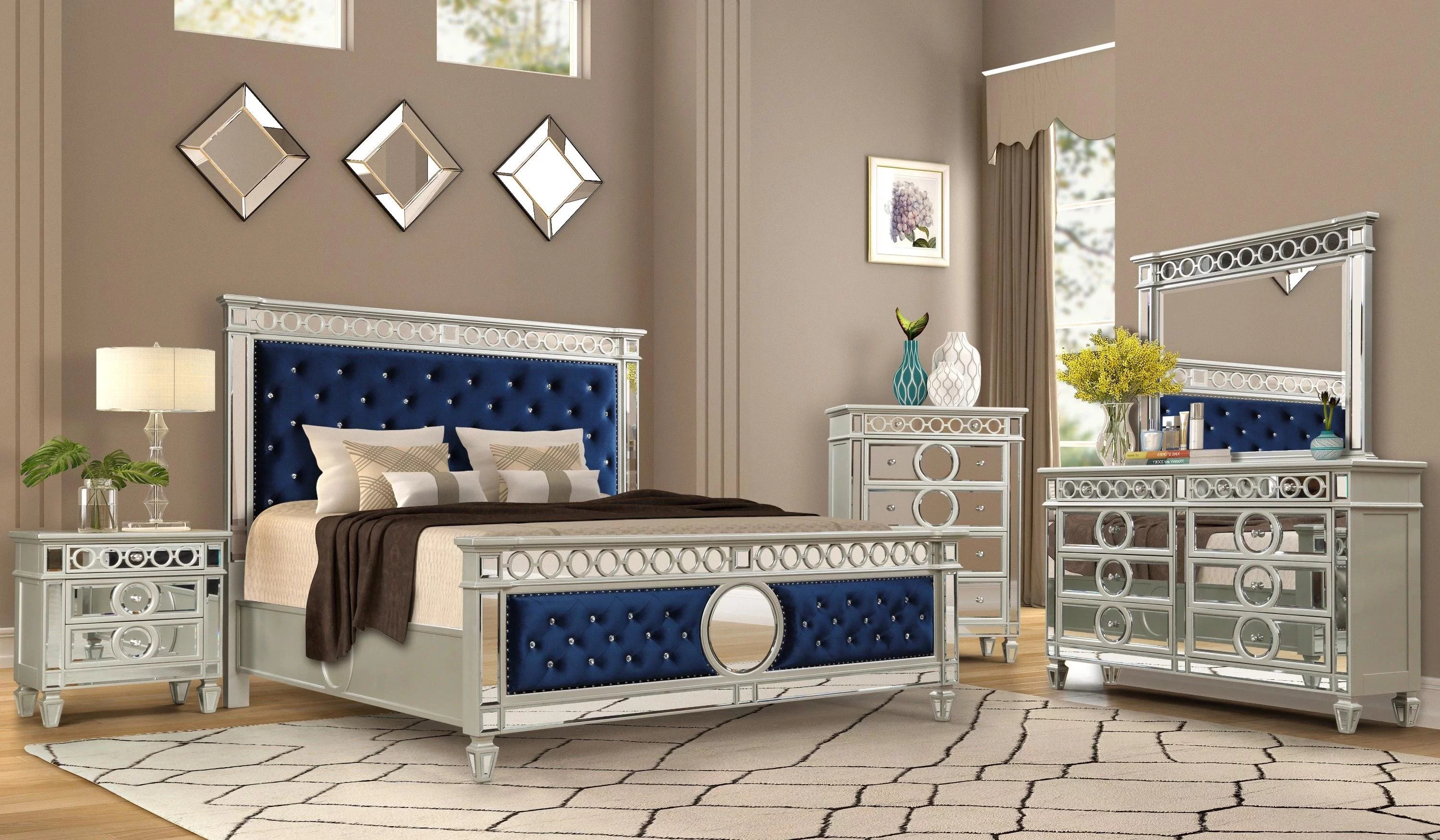 Blue Velvet & Mirror Accents King Bedroom Set 5Pcs McFerran B1688 Contemporary