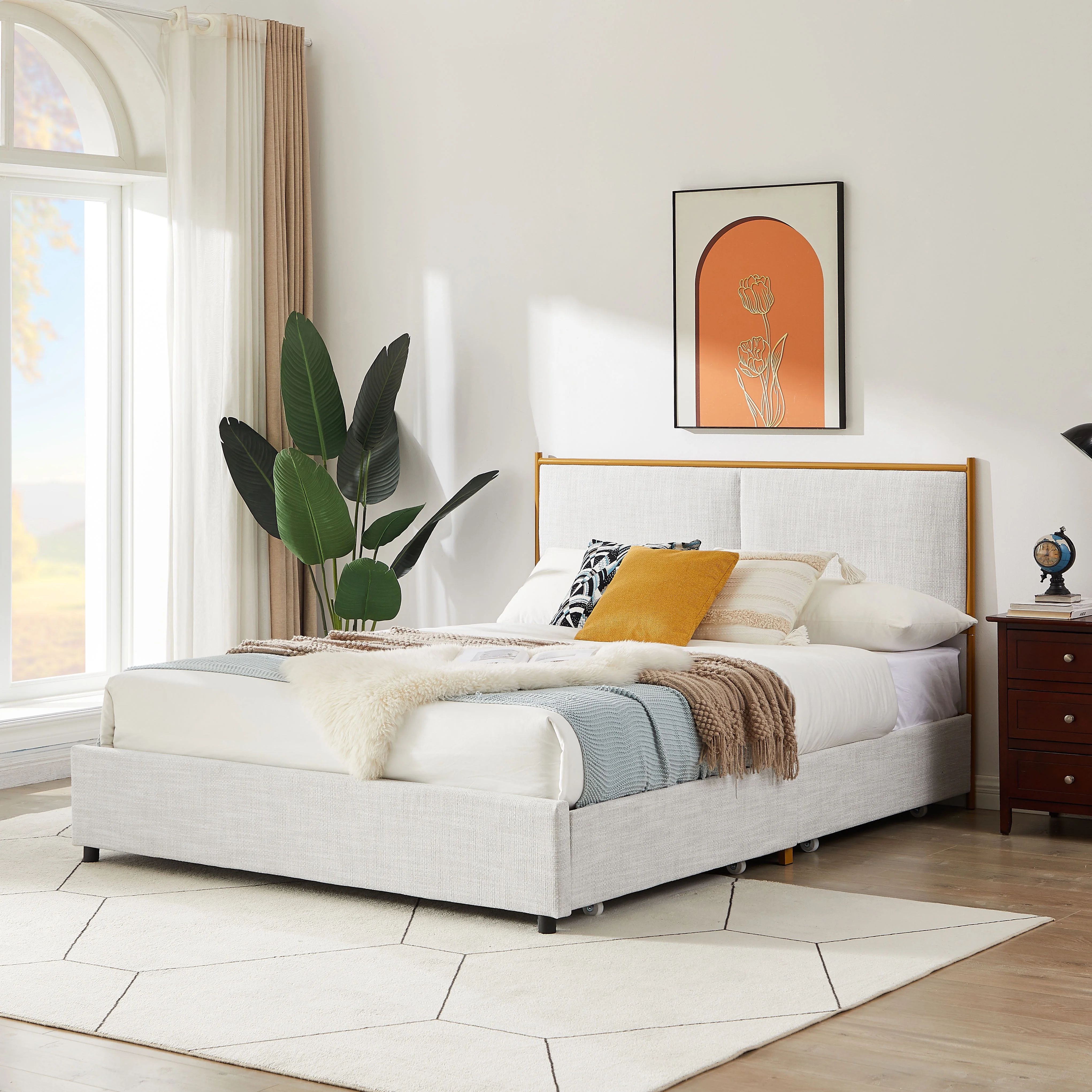 Light Gray Full-Size Bed Frame,Heavy Duty Platform Metal Bed Frame with Classic Steamed Bread-shaped Backrest/four storage drawers No Box Springwith Square Frame Footboard