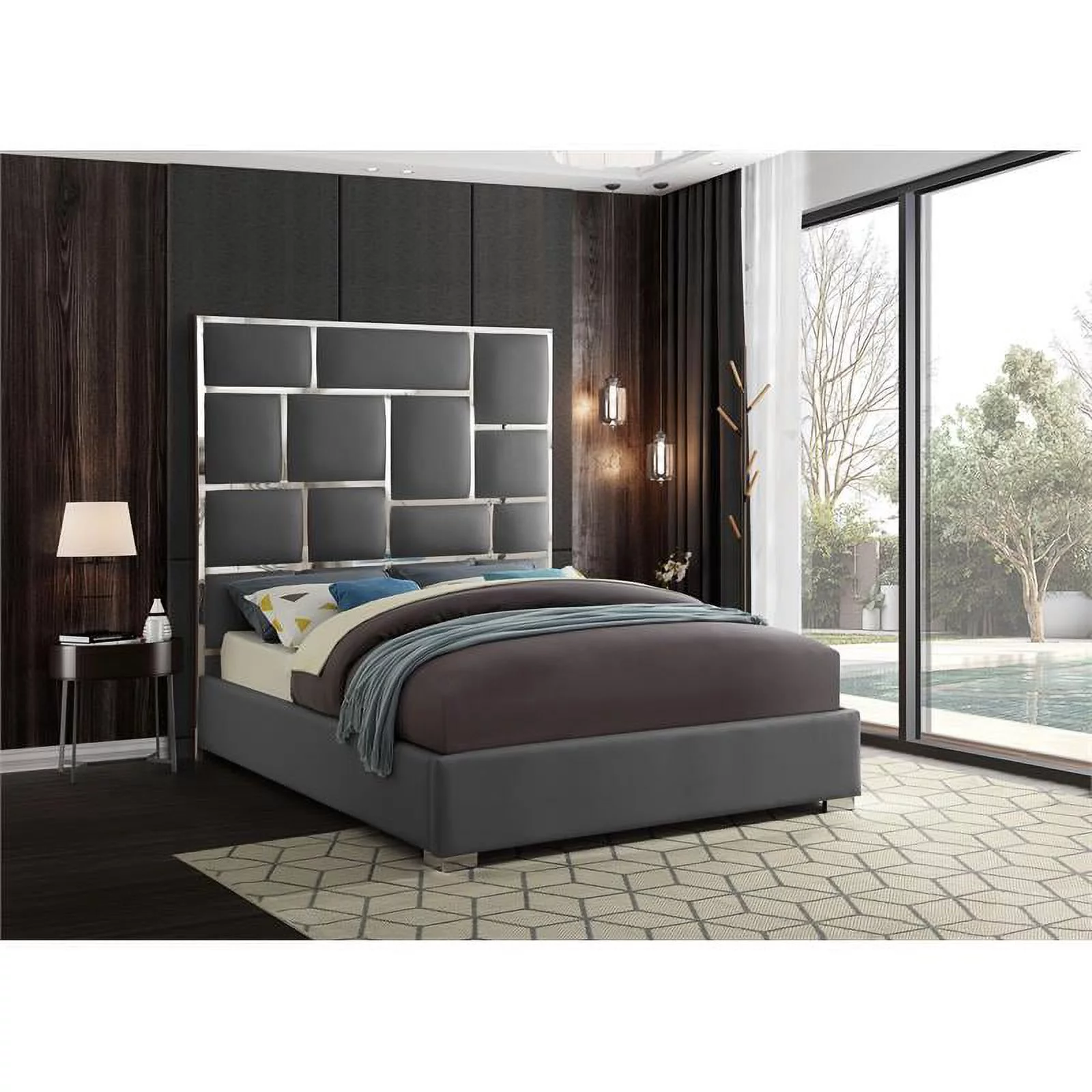 Maklaine 70''H x 65.5''W x 84.5''D Solid Wood and Faux Leather Queen Bed in Gray