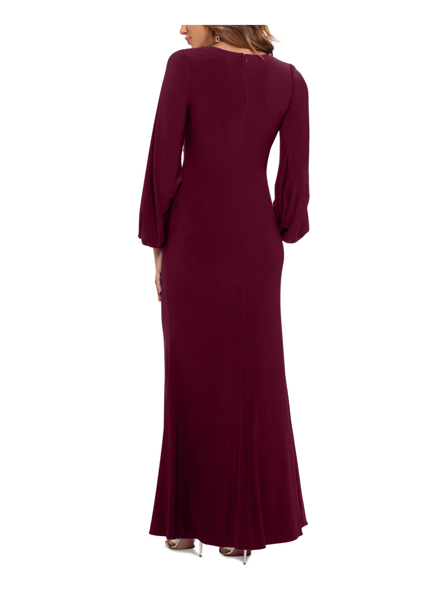 BETSY & ADAM Womens Maroon Stretch Zippered Draped Lined Long Sleeve V Neck Full-Length Evening Gown Dress 6