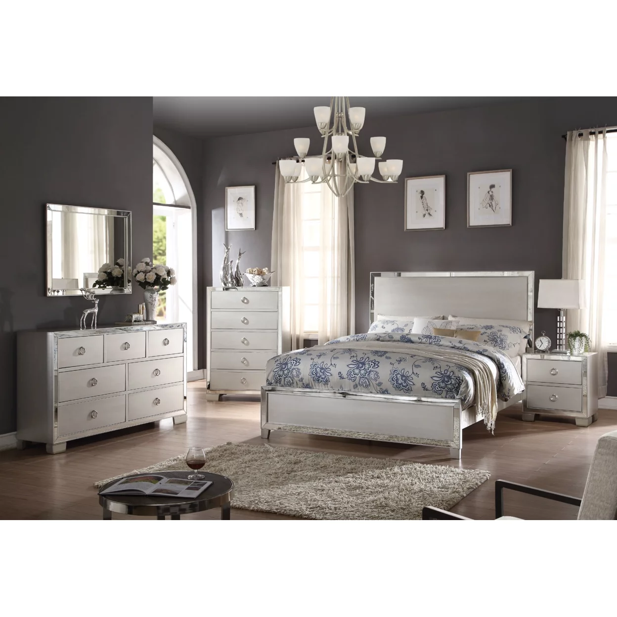 Stylish And Deluxe Queen Size Panel Bed, Silver- Saltoro Sherpi