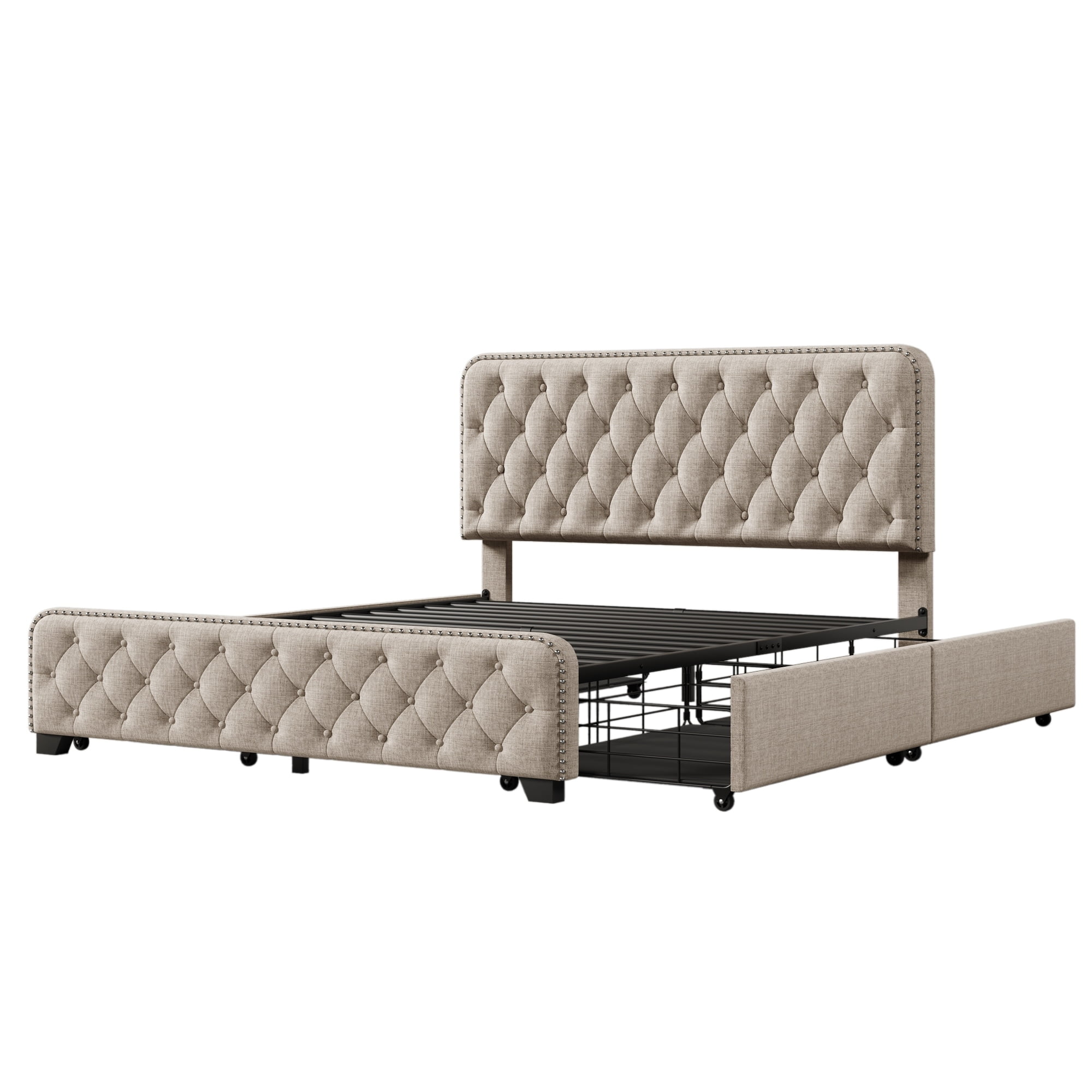 Queen Upholstered Platform Bed with 4 Drawers, Button Tufted Headboard & Footboard, Sturdy Metal Support, No Box Spring Needed