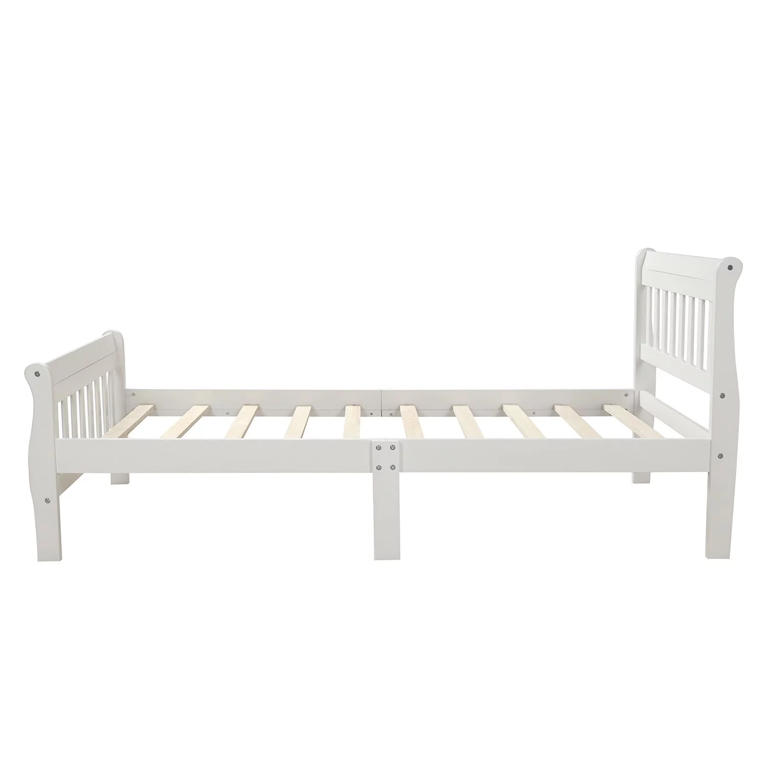 Twin Size Sleigh Bed with Vintage Headboard & Footboard, Solid Wood Slats Support White