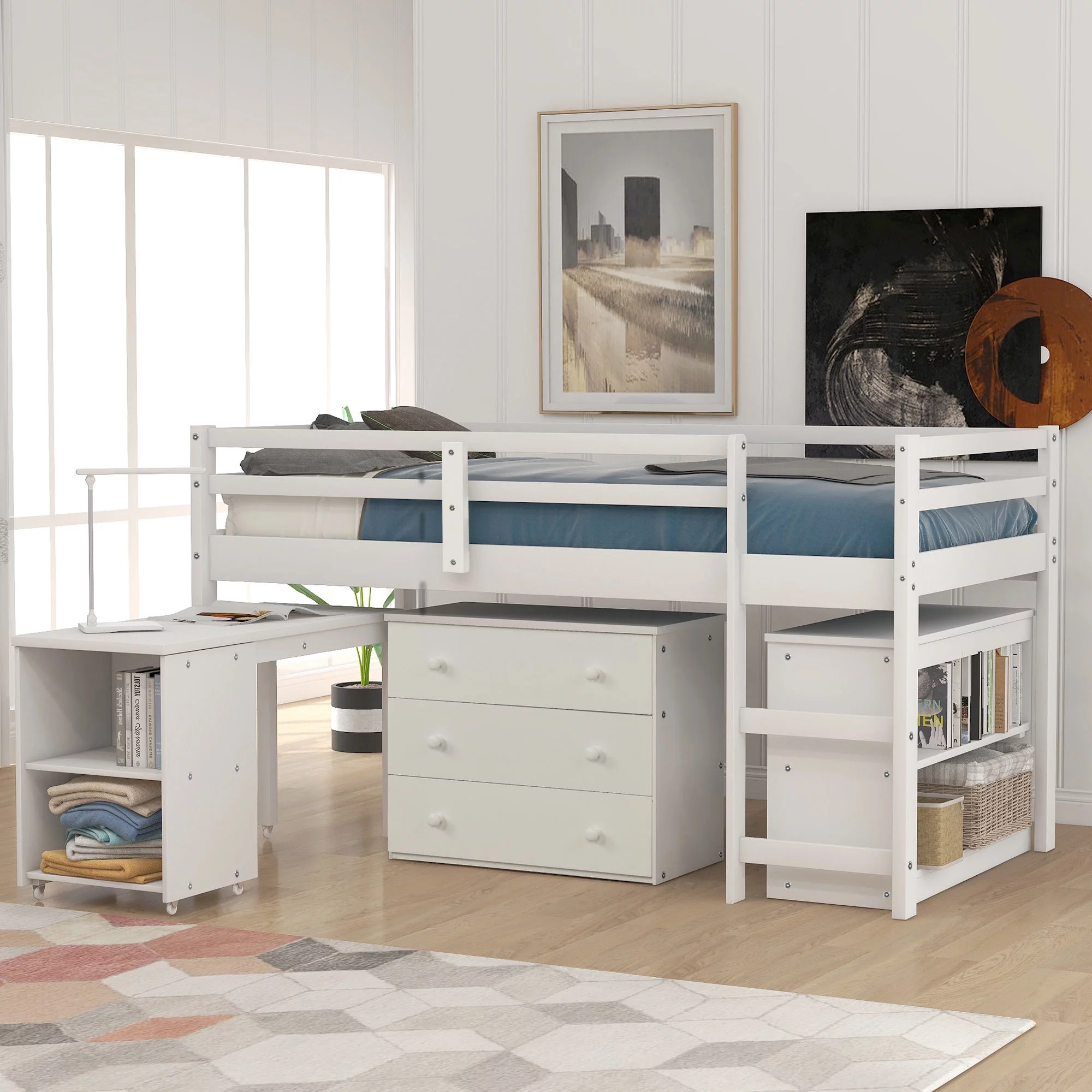 CoSoTower Low Study Twin Loft Bed With Cabinet And Rolling Portable Desk - White
