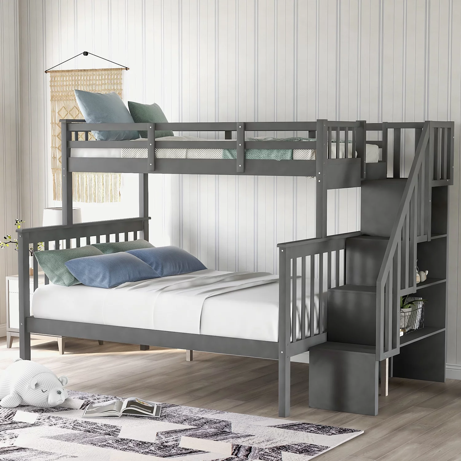 CoSoTower Stairway Twin-Over-Full Bunk Bed With Storage And Guard Rail For Bedroom, Gray