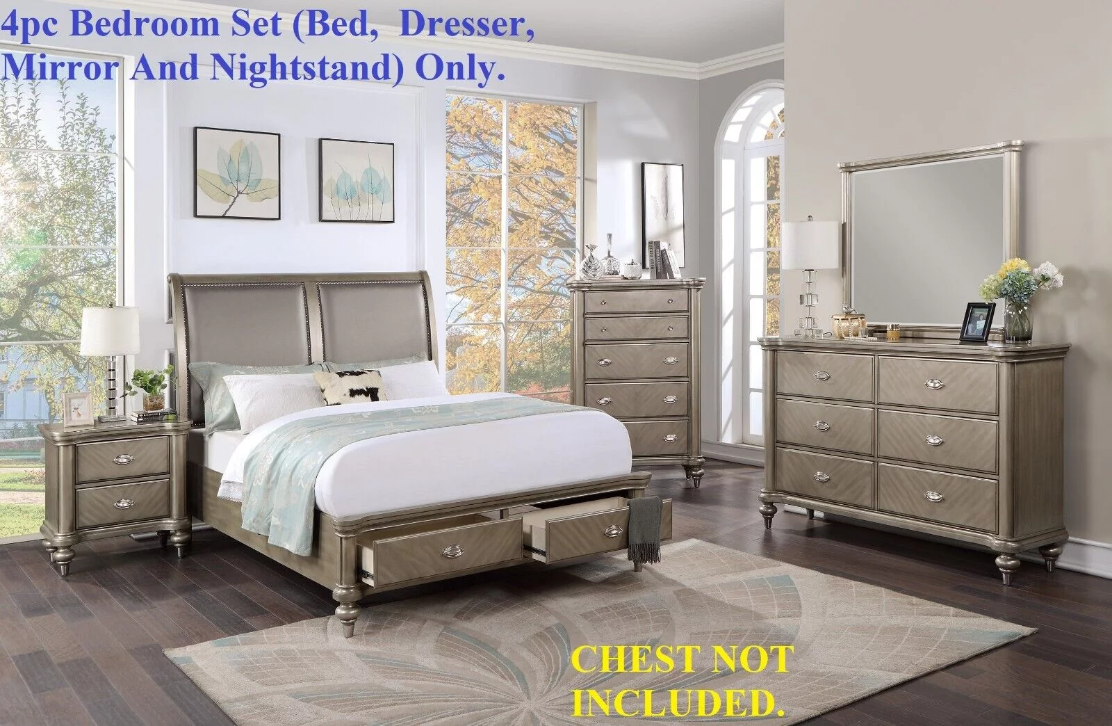 Formal Classic Grey Finish 4p Bedroom Furniture California King Size Bed Dresser Mirror Nightstand Sleigh HB w Underbed Drawers