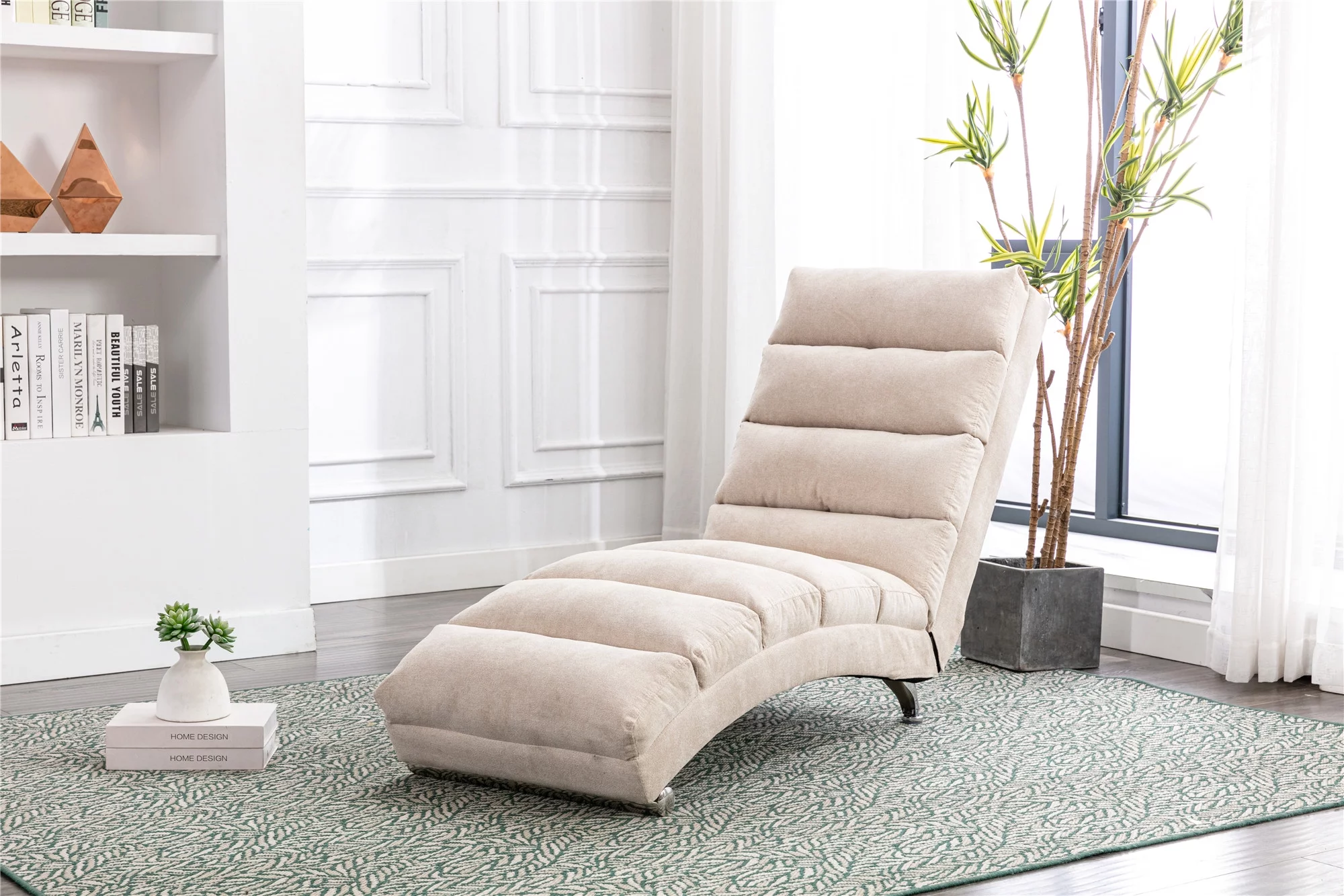 Modern Daybed Linen Recliner Indoor Chair Ergonomic Reading Armless Chair for Office or Living Room (Beige)
